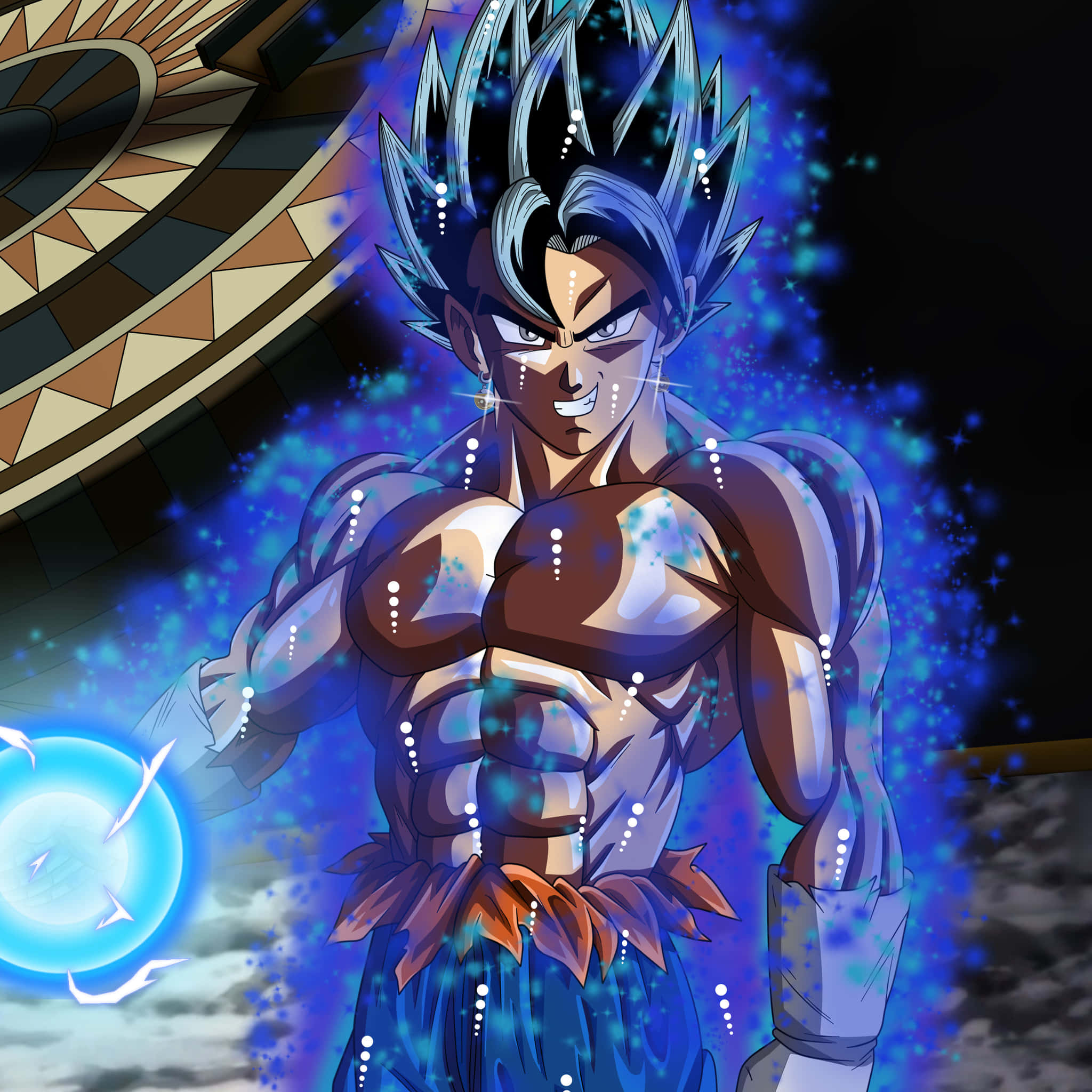 Dragon Ball Heroes 桌布 壁紙 — 一位擁有尖刺藍色頭髮和發光光環的強大動漫戰士，以動態戰鬥姿勢引導能量。