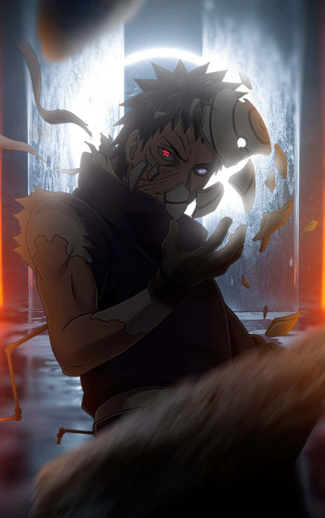 Akatsuki Tobi 桌布 壁紙 — 一位擁有尖刺頭髮和發光紅眼的動漫戰士，在碎片飛舞的戲劇性場景中引導力量。