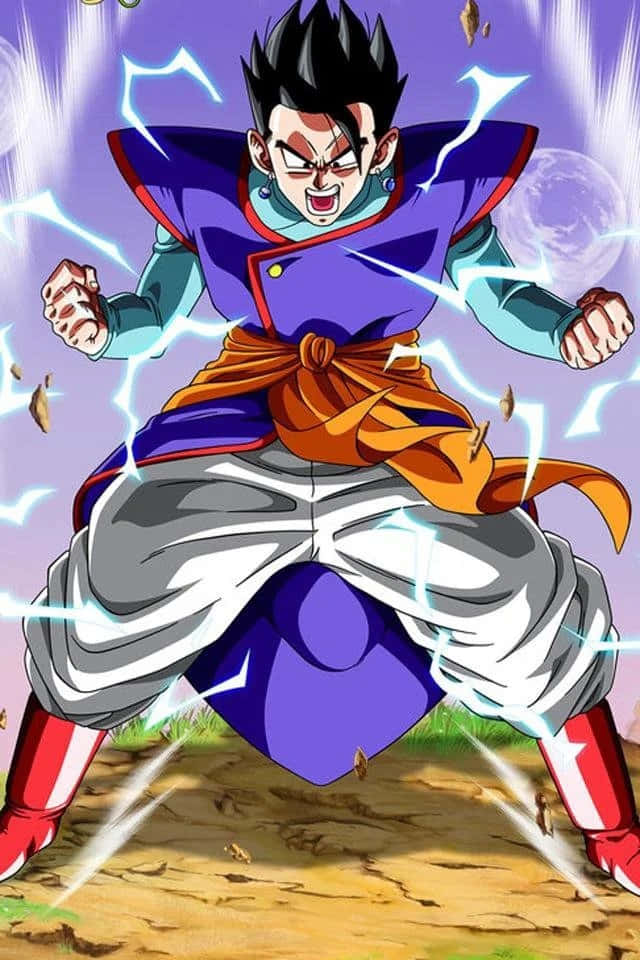 Mystic Gohan 桌布 壁紙 — 一位擁有尖刺黑髮和紫色道服的強大動漫戰士，在動態戰鬥姿勢中釋放閃電能量。