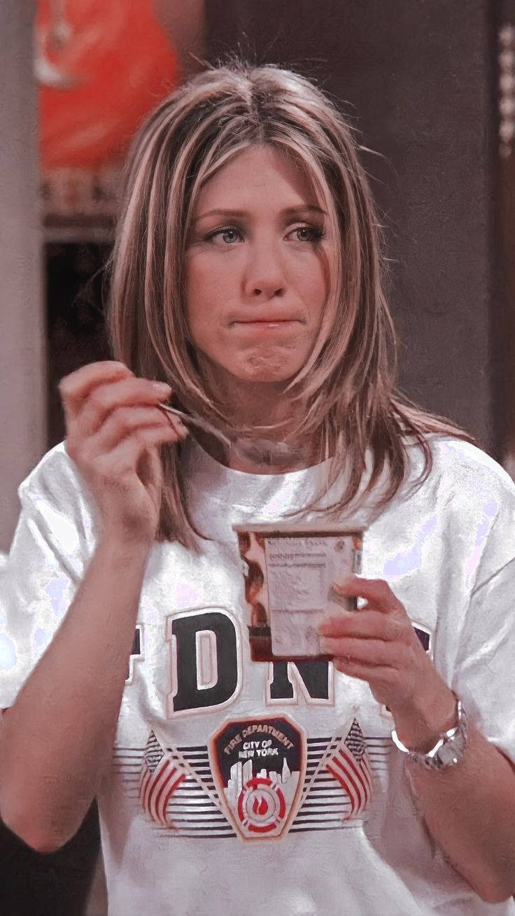 Friends Tv Show 桌布 壁紙 — 一位擁有層次感金髮的女性，拿著一張小照片，目光離開鏡頭，表情若有所思。