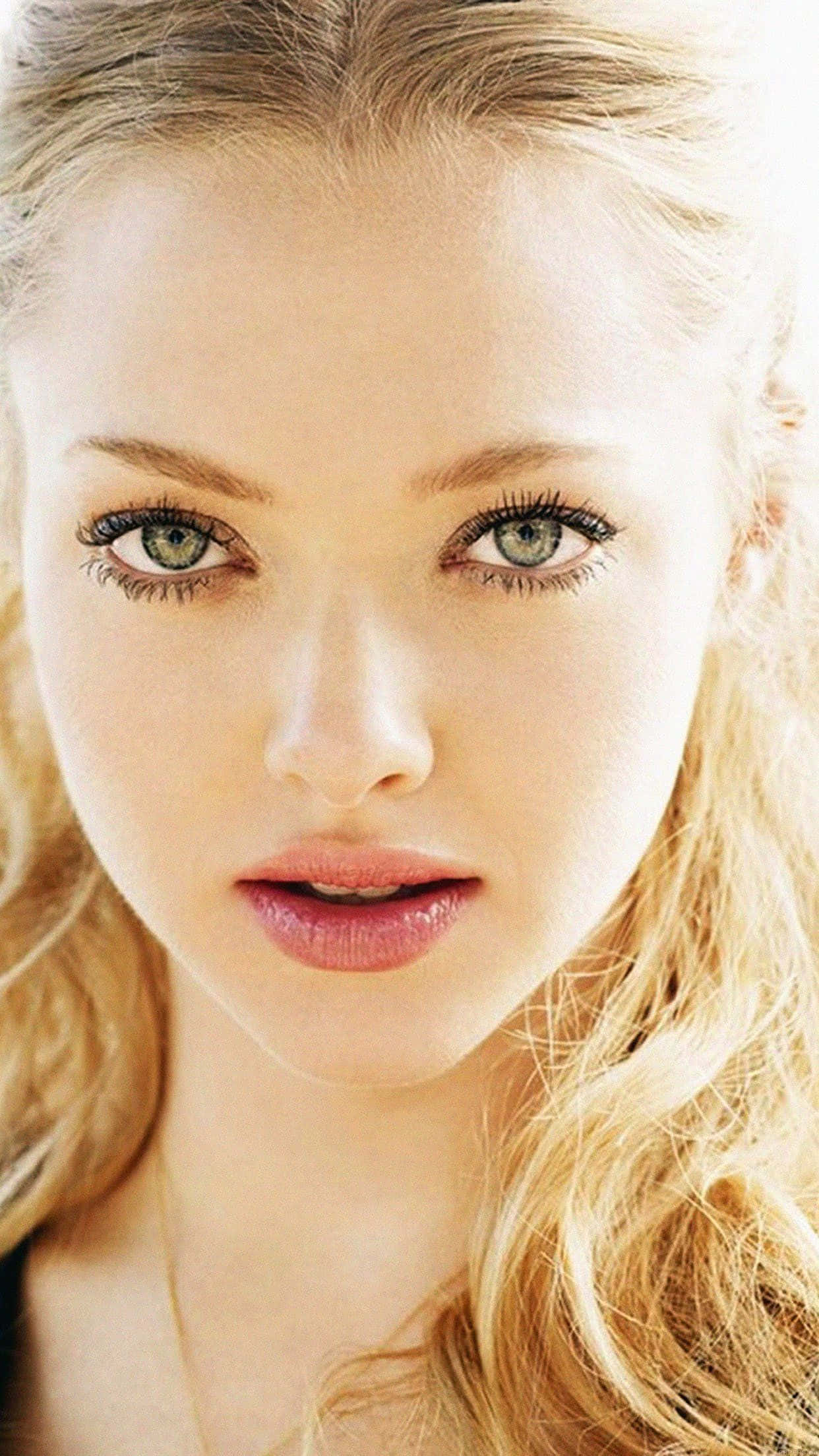 Amanda Seyfried 桌布 壁紙 — 一位擁有引人注目的綠色眼睛和金色金髮的女性特寫肖像，柔和地沐浴在溫暖的陽光下。