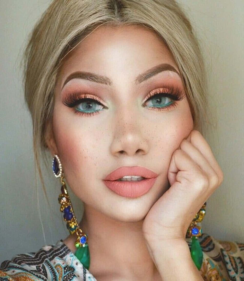 Spring Makeup 桌布 壁紙 — 一位擁有引人注目的藍色眼睛和閃亮蜜桃色眼影的女性，將下巴擱在手上的特寫肖像。