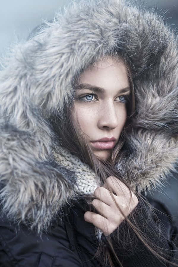 Winter Photography 桌布 壁紙 — 一位擁有引人注目藍眼睛的女性，在寒冷的冬季場景中，透過一個寬大的灰色毛絨內襯兜帽凝視著。