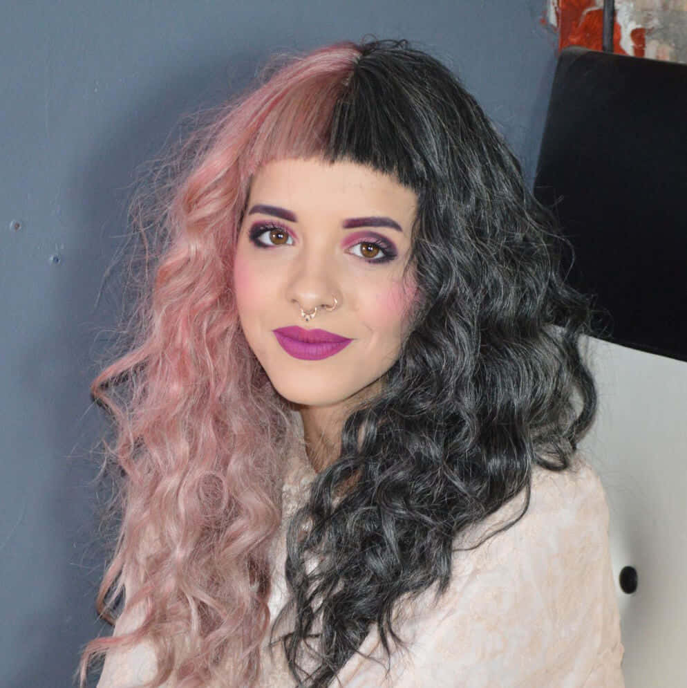 Melanie Martinez 桌布 壁紙 — 一位擁有搶眼粉紅與黑色分區染髮、大膽紫色唇膏和鼻環的女性，自信地凝視鏡頭。