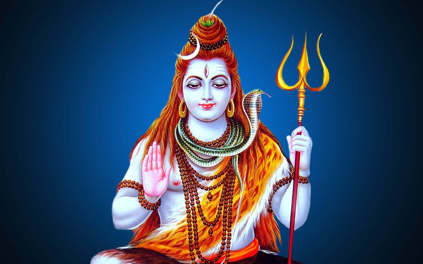 bholenath 3d 桌布 壁紙 — 一位擁有橙色頭髮和月牙冠的神聖人物手持金色三叉戟，一條蛇纏繞在他的脖子上，背景是深藍色。