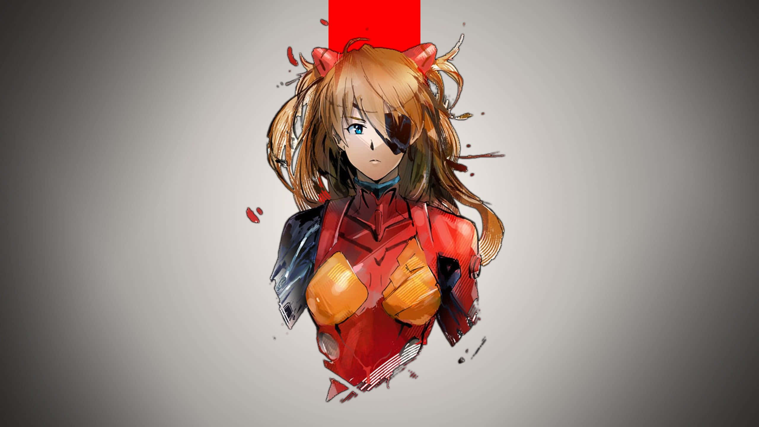 Asuka Langley Soryu 桌布 壁紙 — 一位擁有橙色頭髮和紅色角的動漫女孩，在灰色背景前穿著紅黑裝甲服。