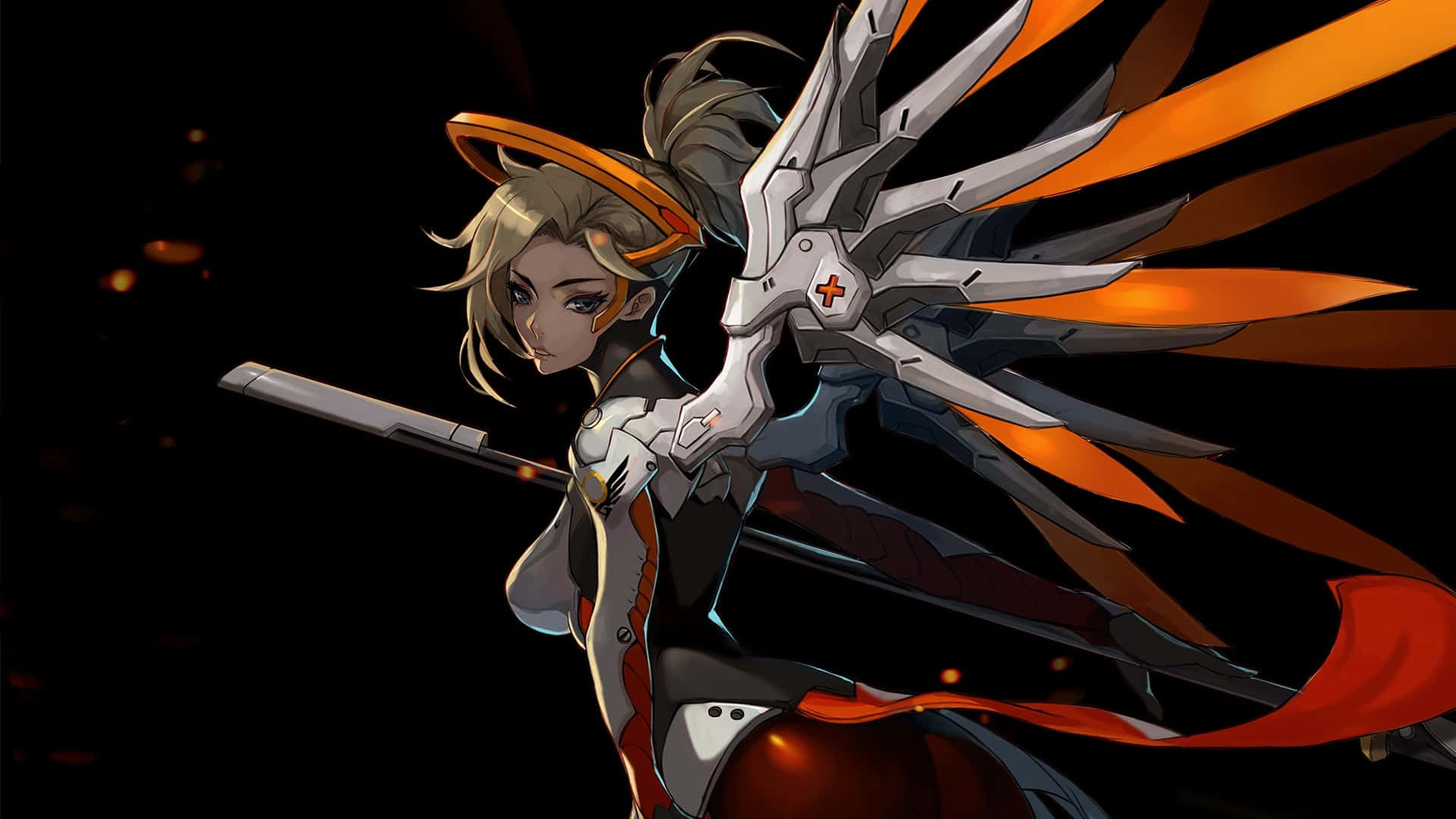 Overwatch Mercy 桌布 壁紙 — 一位擁有機械翅膀和橙色光環的女性動漫戰士，在黑暗背景中閃爍著餘燼，擺好姿勢。