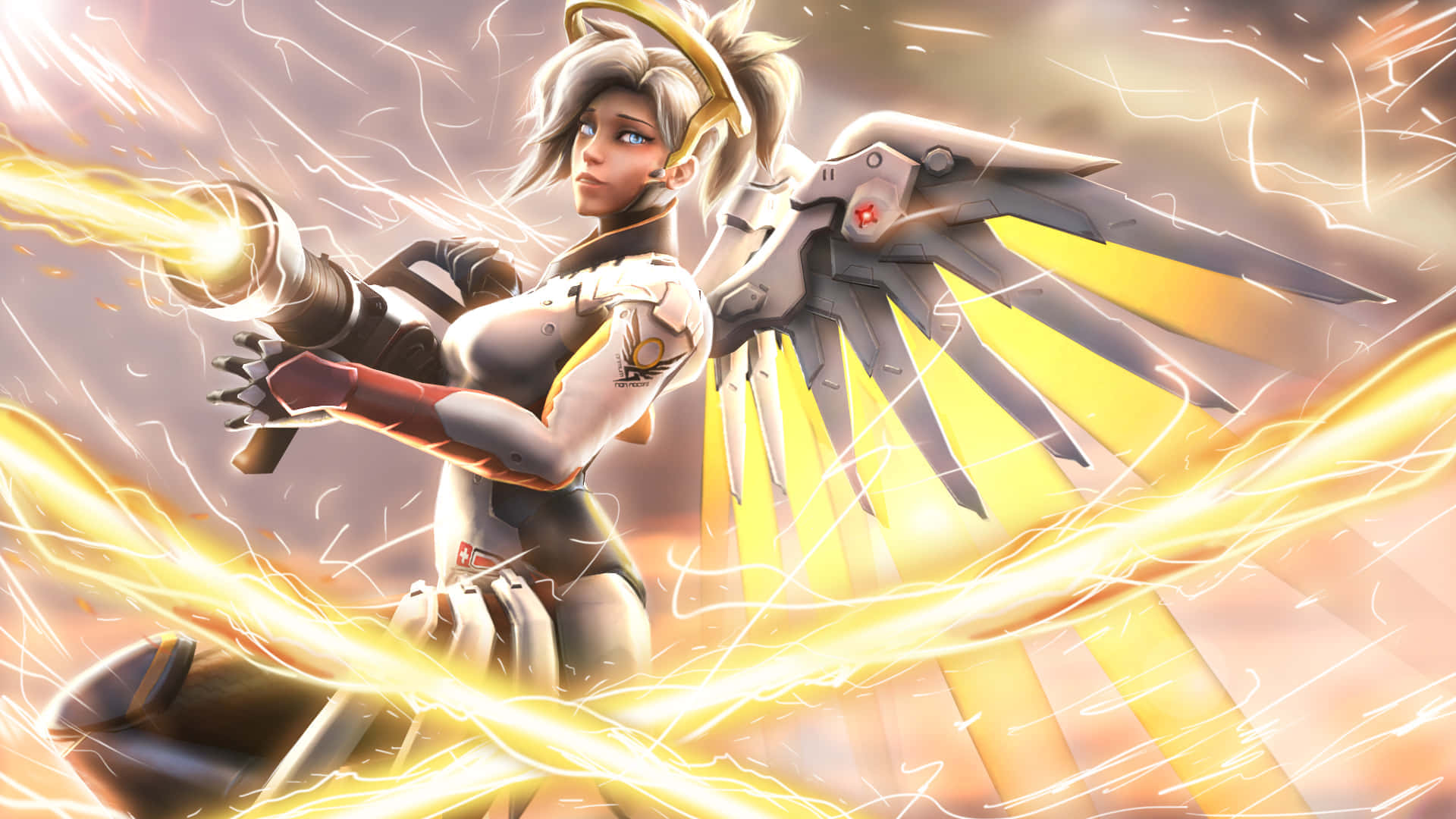 Overwatch Mercy 桌布 壁紙 — 一位擁有機械翅膀的女性天使戰士，在金色能量的條紋中發射發光的加農炮。