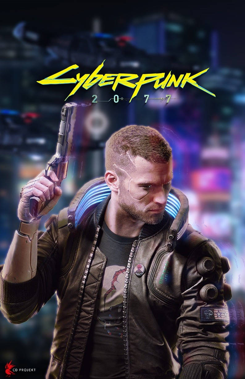 cyberpunk 2077 iPhone 桌布 壁紙 — 一位擁有機械臂和發光項圈的賽博龐克主角，在霓虹燈閃爍的城市景觀中手持手槍。