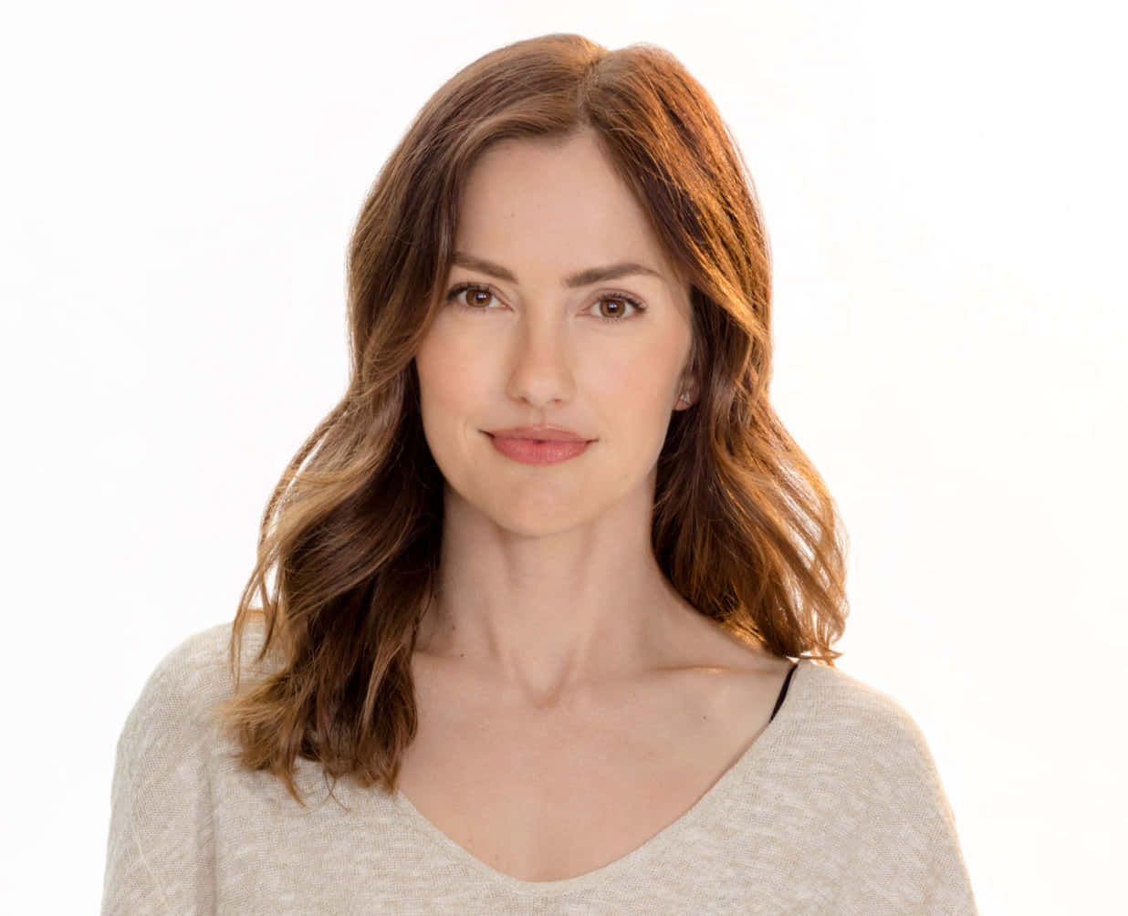 minka kelly 桌布 壁紙 — 一位擁有波浪棕色頭髮和溫柔微笑的女性，穿著淺灰色毛衣，背景是純白色。