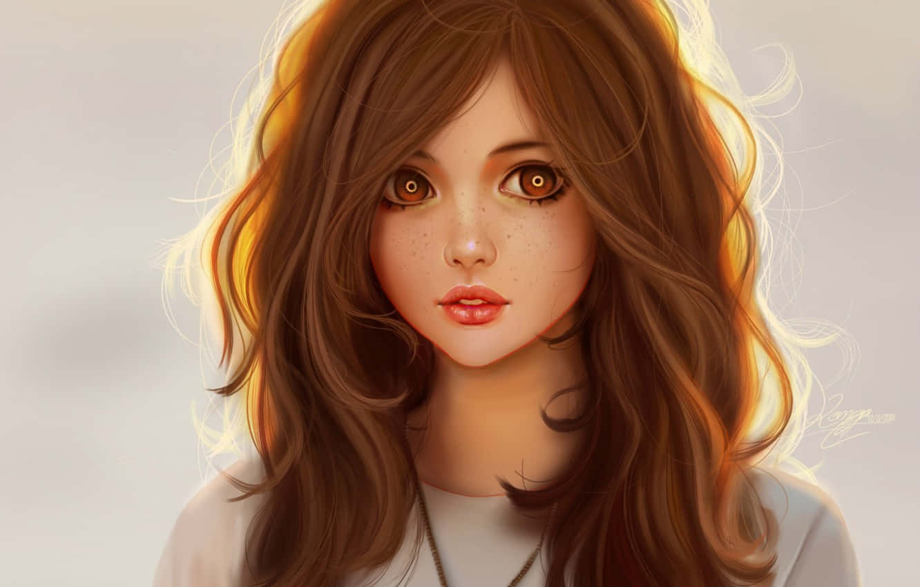 Brown Eyed Girl 桌布 壁紙 — 一位擁有波浪棕色頭髮和雀斑的年輕女性，在溫暖的陽光照射下，柔和地凝視著，陽光凸顯了她的頭髮和臉龐。