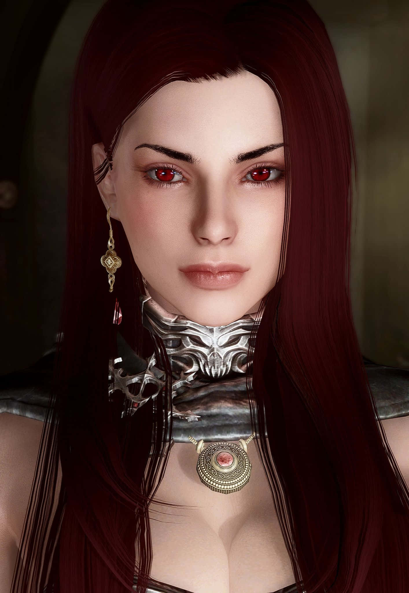 Skyrim Serana 桌布 壁紙 — 一位擁有深紅色長髮和發光紅眼的女性，佩戴華麗金屬頸甲的數碼肖像。