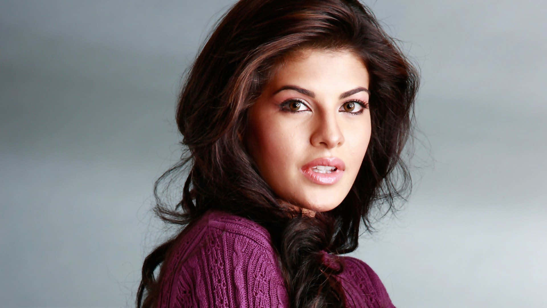 Jacqueline Fernandez 桌布 壁紙 — 一位擁有深色波浪長髮和紫色毛衣的女性，在柔和的灰色背景下直視鏡頭。