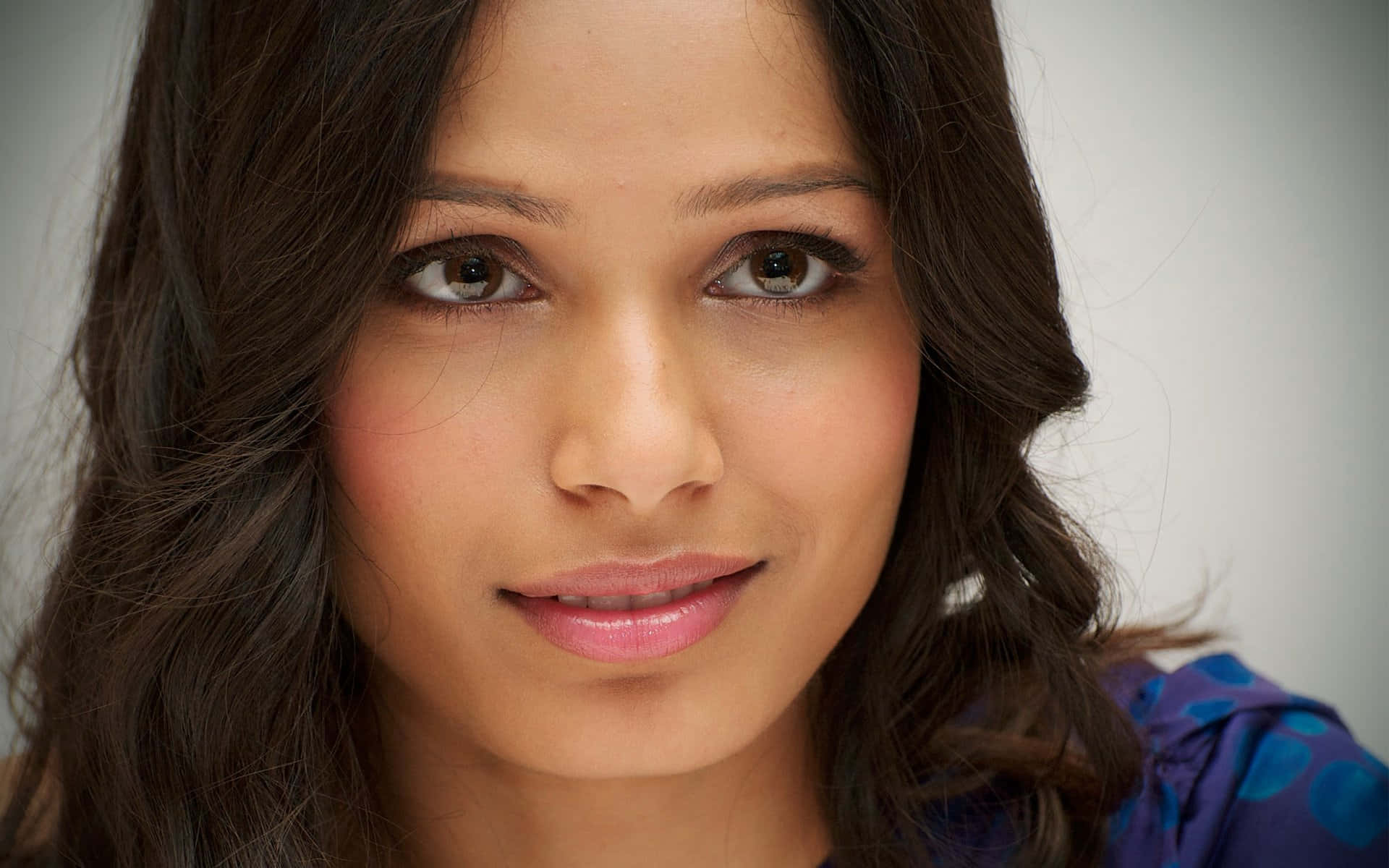 Freida Pinto 桌布 壁紙 — 一位擁有深色波浪髮和溫暖棕色眼睛的女性，在灰色中性背景前柔和微笑的特寫肖像。