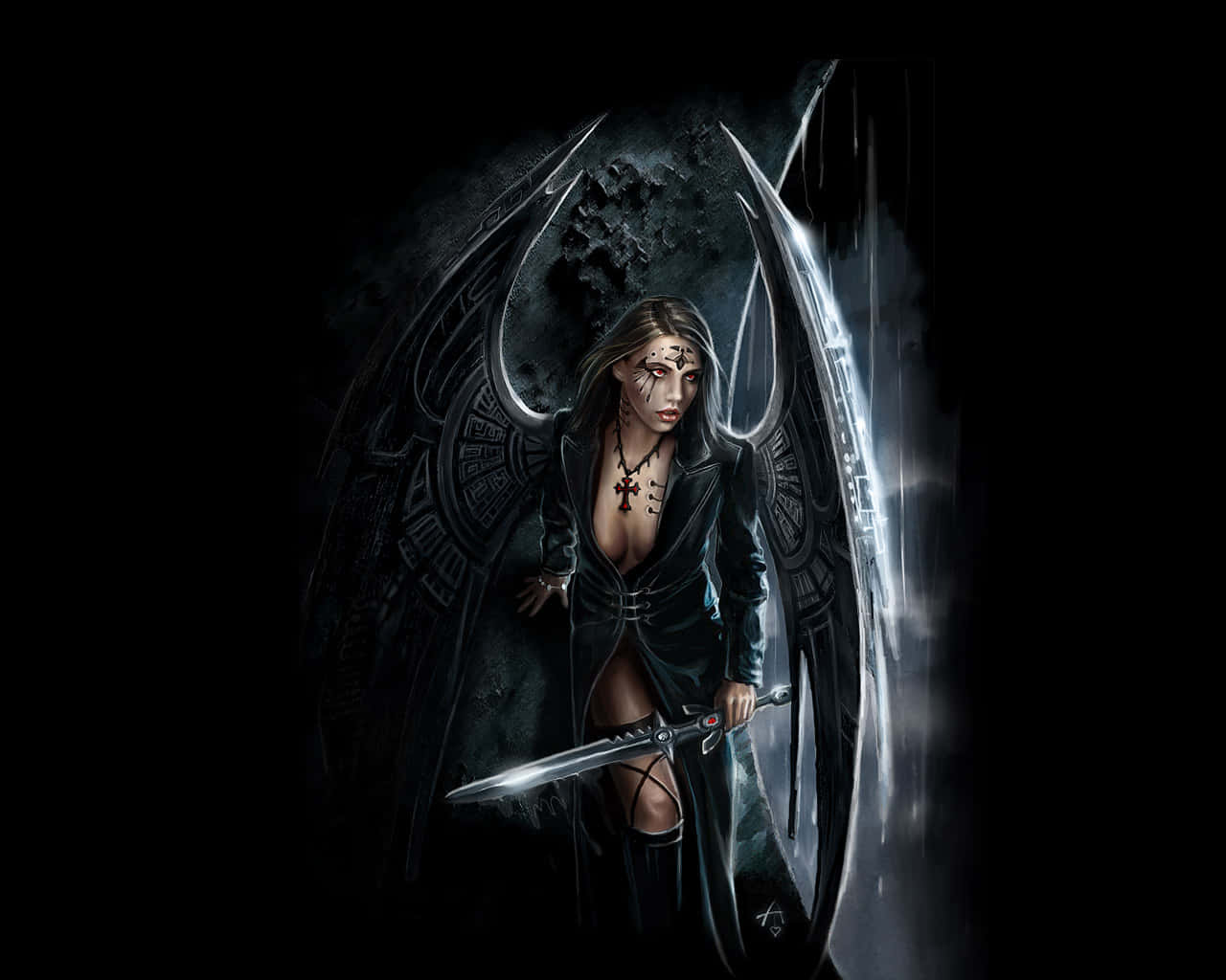 Dark Gothic 桌布 壁紙 — 一位擁有深色翅膀的女戰士，戴著十字架項鍊並持劍，站在陰影斑駁、裂紋密佈的背景前。