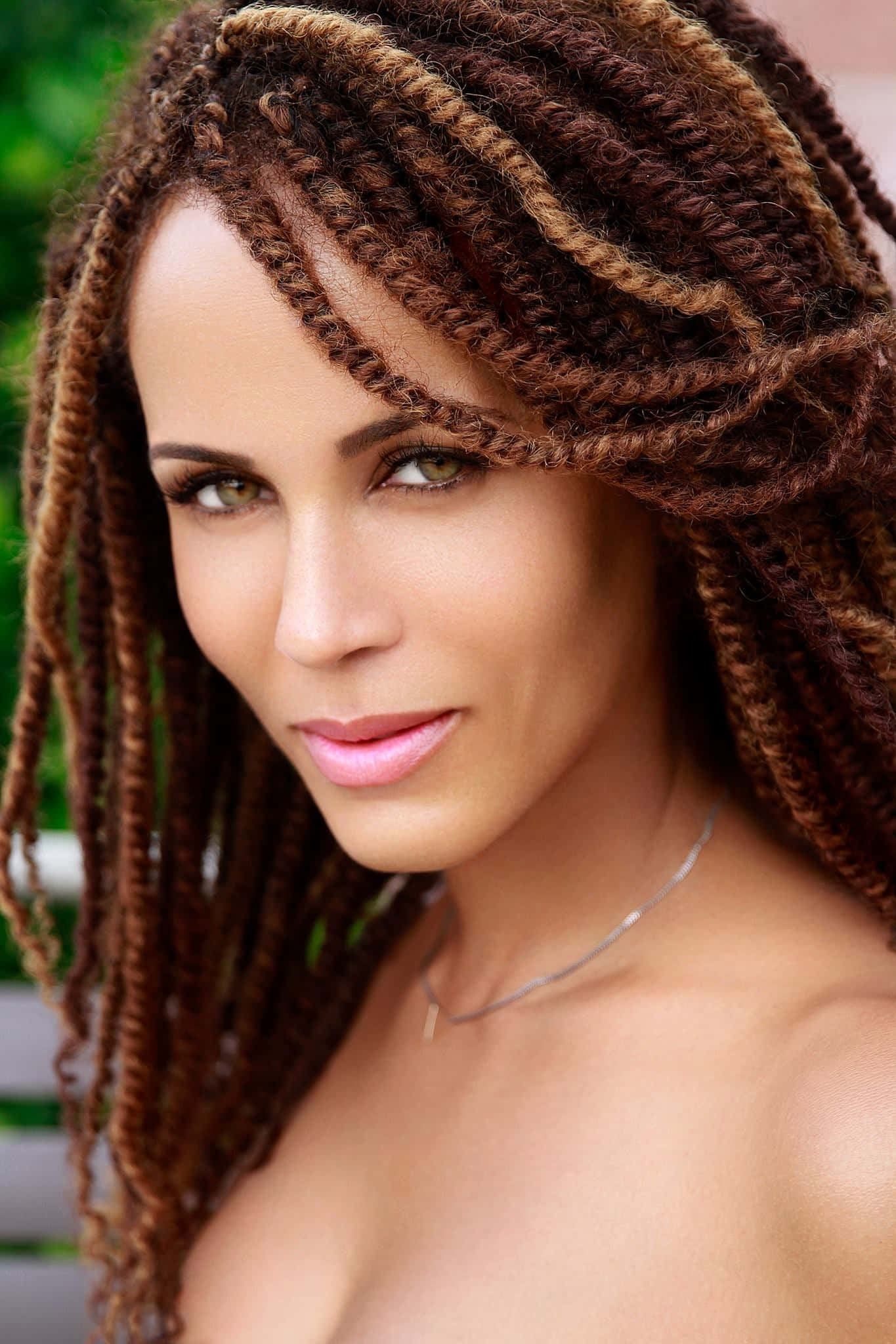 Nicole Ari Parker 桌布 壁紙 — 一位擁有濃密棕色辮子頭髮的女性特寫肖像，在模糊的綠色戶外背景下輕柔微笑。