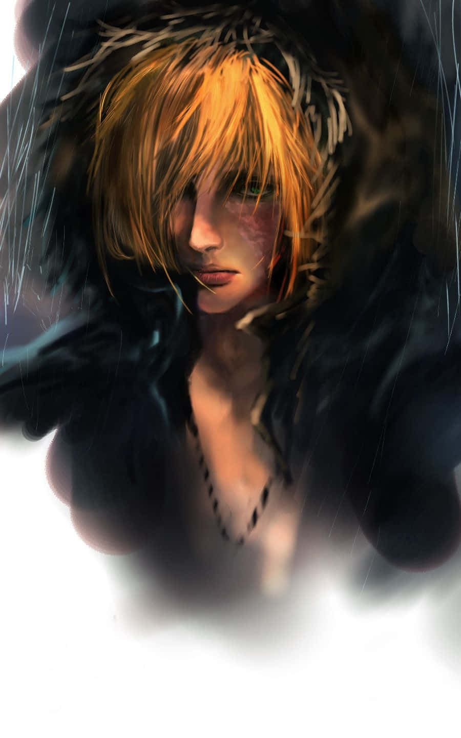 Death Note Mello 桌布 壁紙 — 一位擁有火橙色頭髮和綠色眼睛的年輕女子，戴著深色毛皮襯裡兜帽，在傾盆大雨中莊嚴地凝視著。