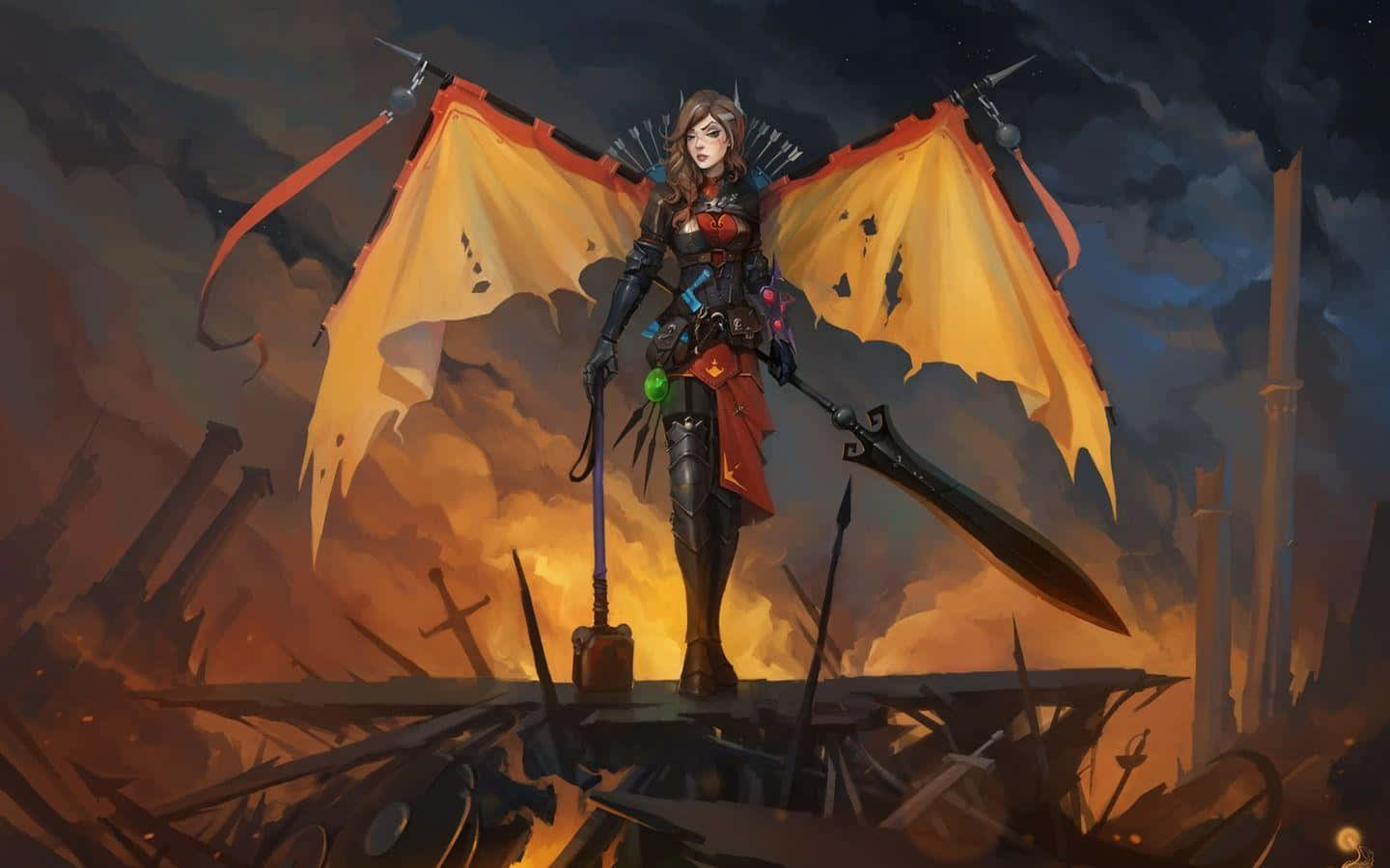 Legion Commander 桌布 壁紙 — 一位擁有火焰翅膀的女戰士站在風暴天空下、滿是斷劍的戰場上。