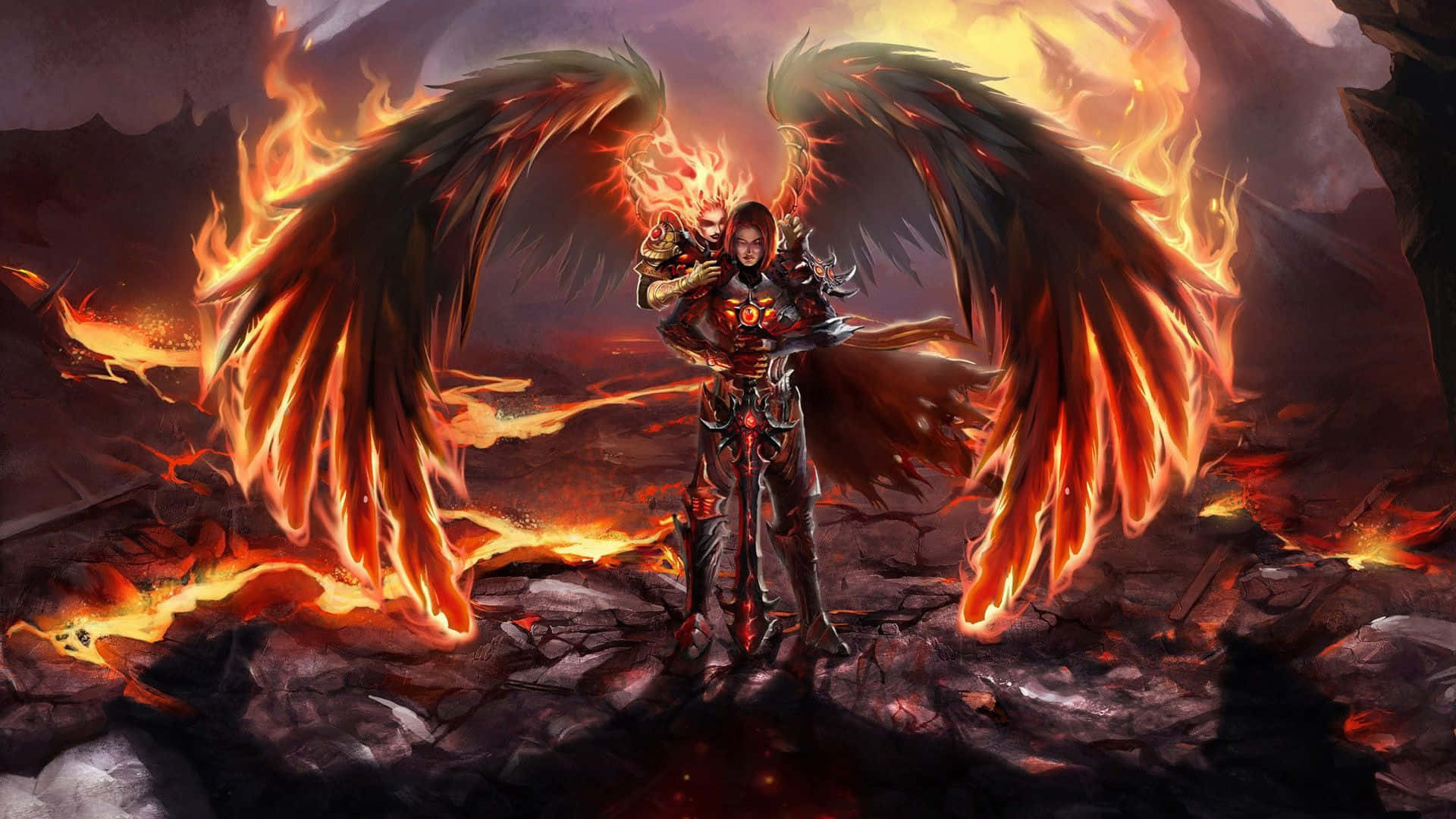 Saint Michael 桌布 壁紙 — 一位擁有火焰翅膀的黑暗盔甲戰士，在煙霧瀰漫的天空下，傲然站立在佈滿熔岩的戰場上。