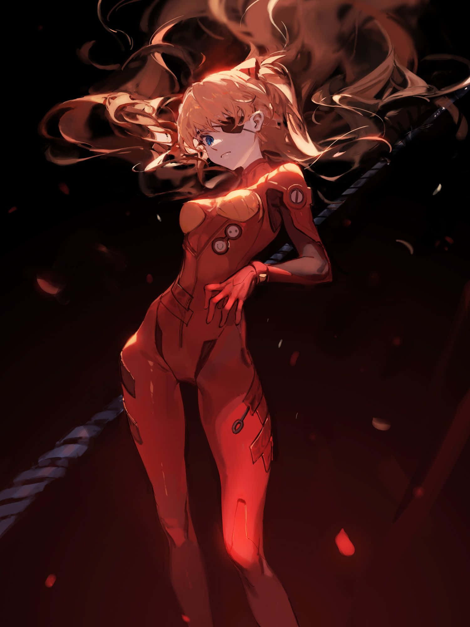 Asuka Langley Soryu 桌布 壁紙 — 一位擁有火焰般頭髮的動漫女孩，穿著紅色插頭服，站在黑暗背景前，周圍有旋轉的火焰和發光粒子。