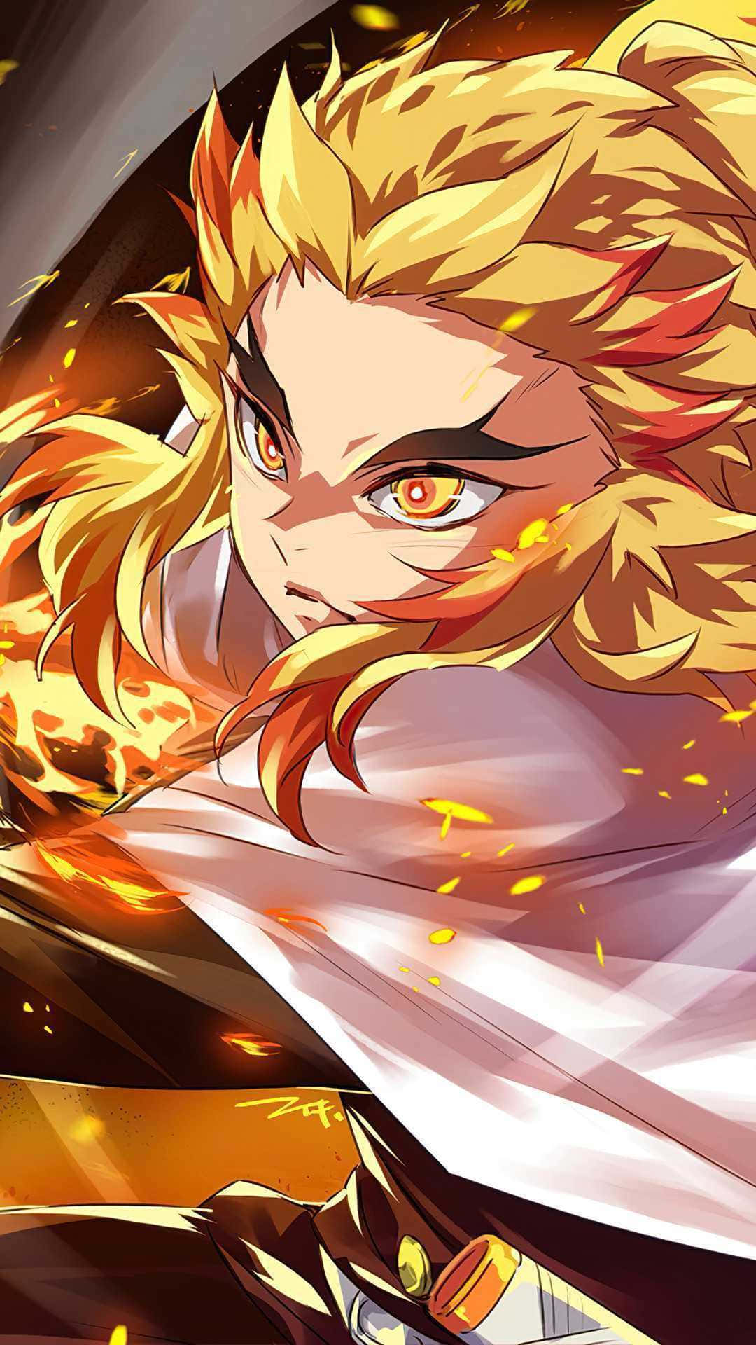 Rengoku And Tanjiro 桌布 壁紙 — 一位擁有火焰般頭髮的動漫戰士，帶有強烈的橙色眼睛，以及從頭髮和衣服中噴發出的熾熱火焰。