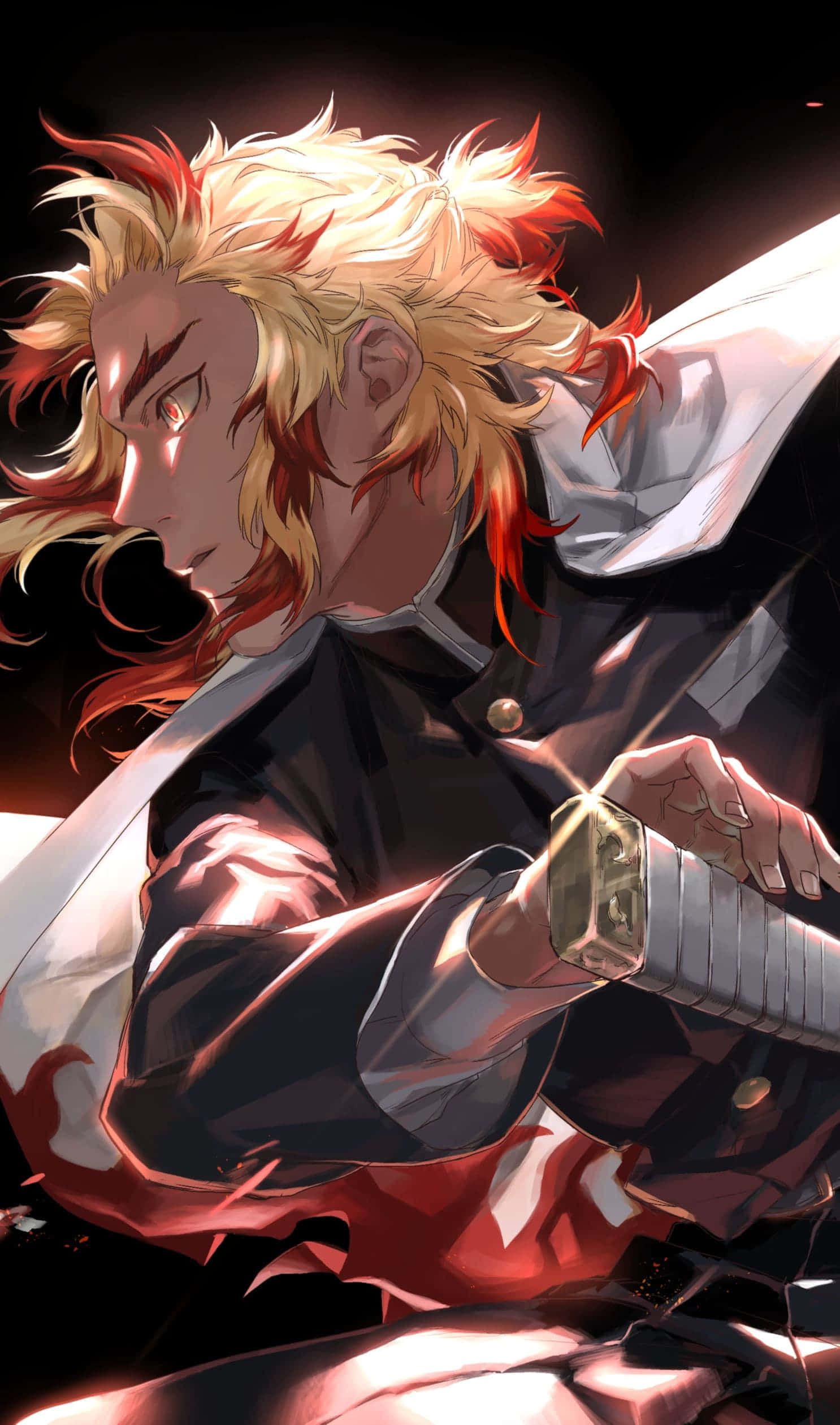 Rengoku Aesthetic 桌布 壁紙 — 一位擁有火焰般頭髮的動漫戰士，身穿深色制服，在黑色背景下專注地握著一把發光的劍。
