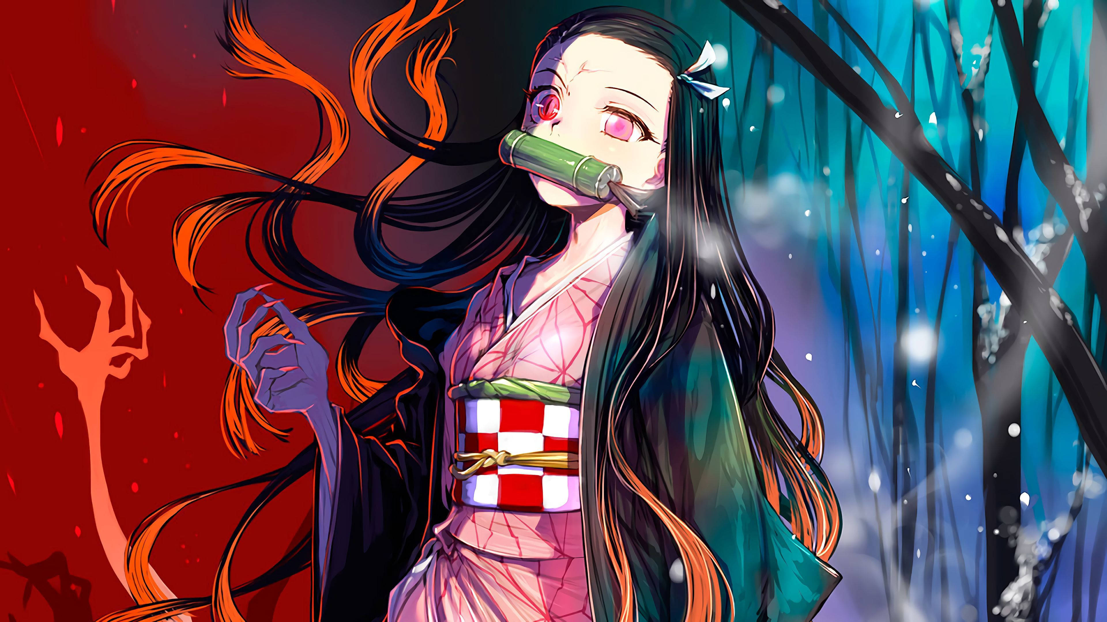 動漫女孩 桌布 壁紙 — 一位擁有火紅頭髮的動漫女孩，穿著粉紅色和服，戴著竹製口塞，站在被紅色和藍色色調分割的雪森林中。
