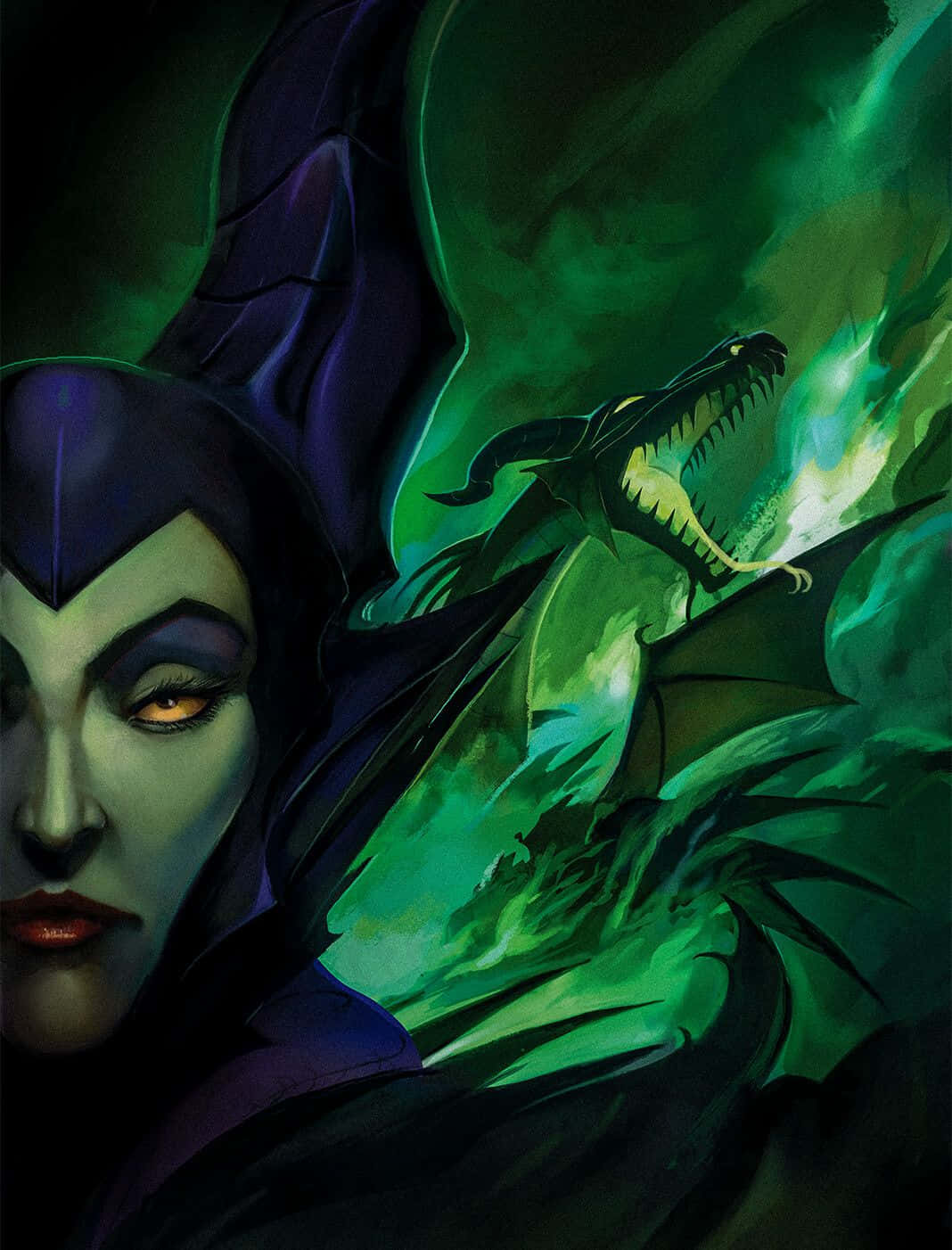 evil 桌布 壁紙 — 一位擁有發光橙色眼睛的黑暗女巫站在一隻咆哮的綠色龍旁邊，龍在陰暗色調中噴火。