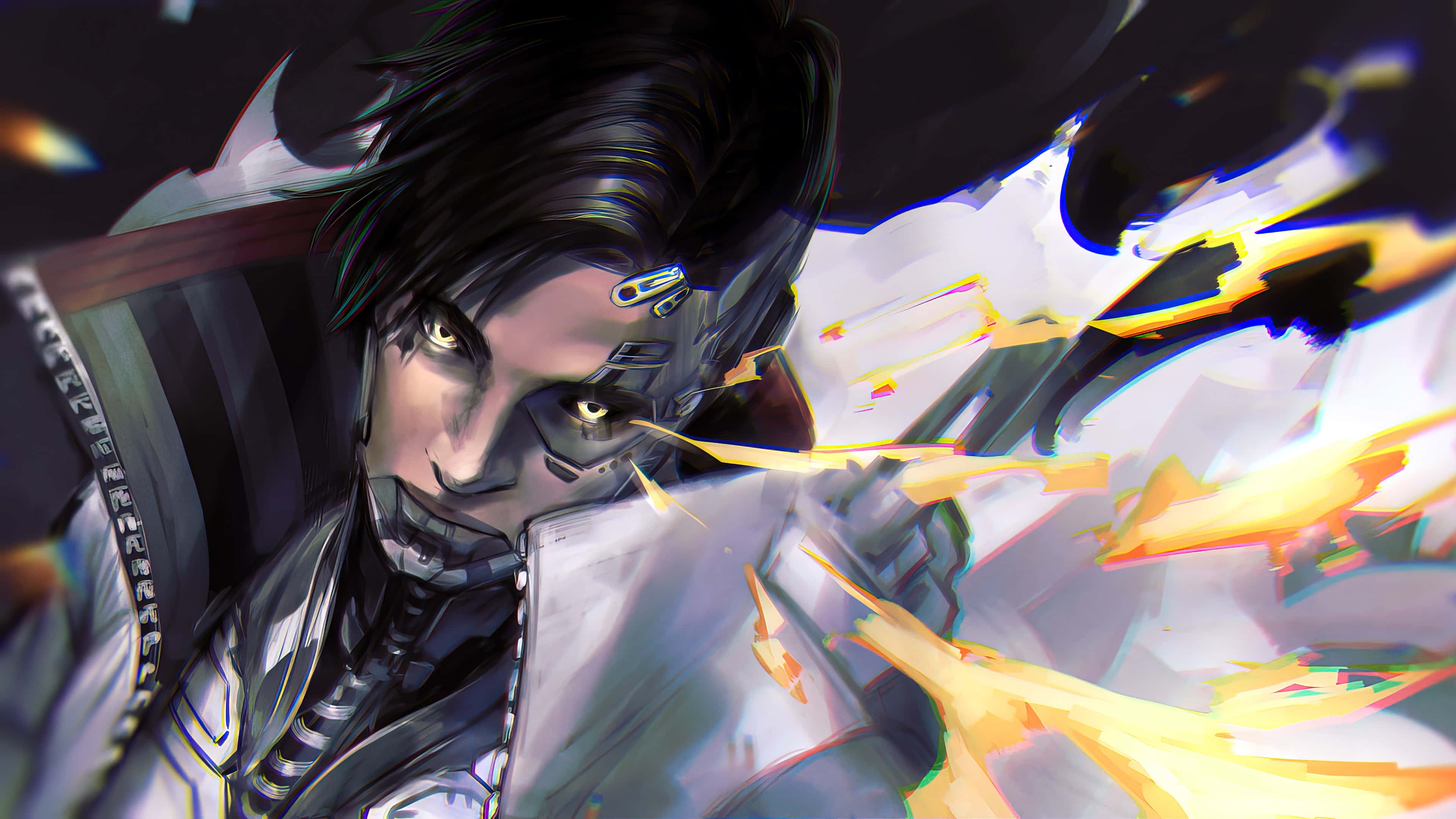 Apex Legends Characters 桌布 壁紙 — 一位擁有發光眼睛和機械增強功能的賽博龐克戰士，在動態數位插圖中釋放出熾熱的能量。