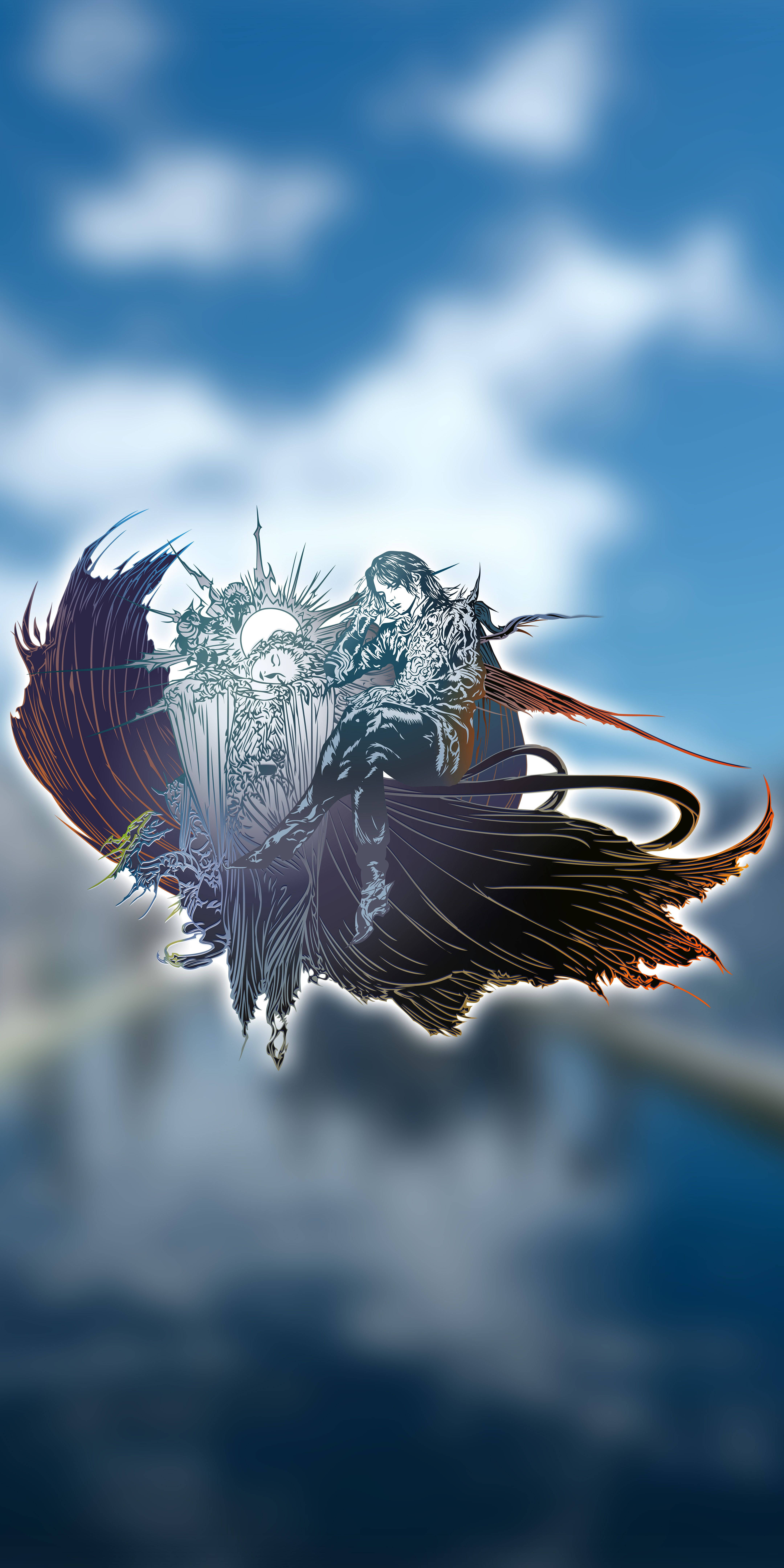 Logo 桌布 壁紙 — 一位擁有發光眼睛的暗翼動漫戰士騎著一條骷髏龍，背景是晴朗的藍天和蓬鬆的白雲。