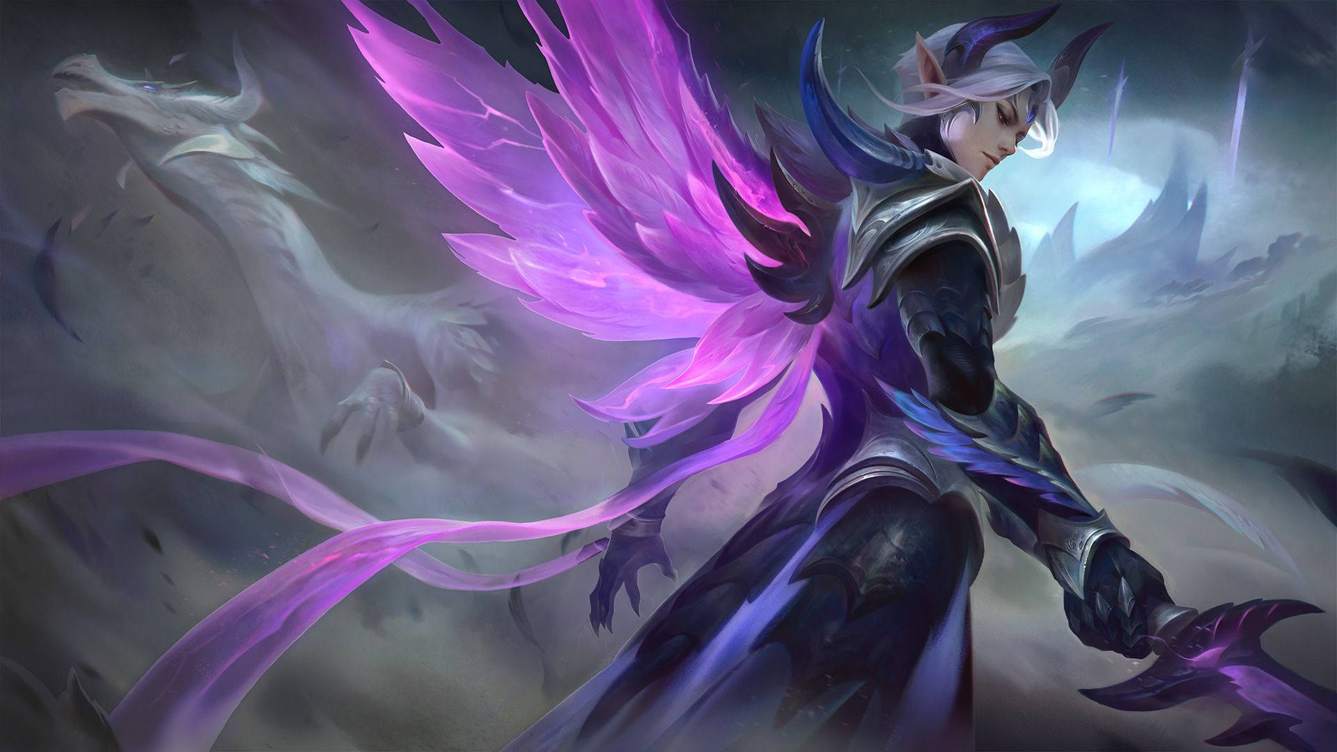 Mobile Legends 桌布 壁紙 — 一位擁有發光紫色翅膀的奇幻戰士與龍同伴站在風暴般的神秘景觀中。