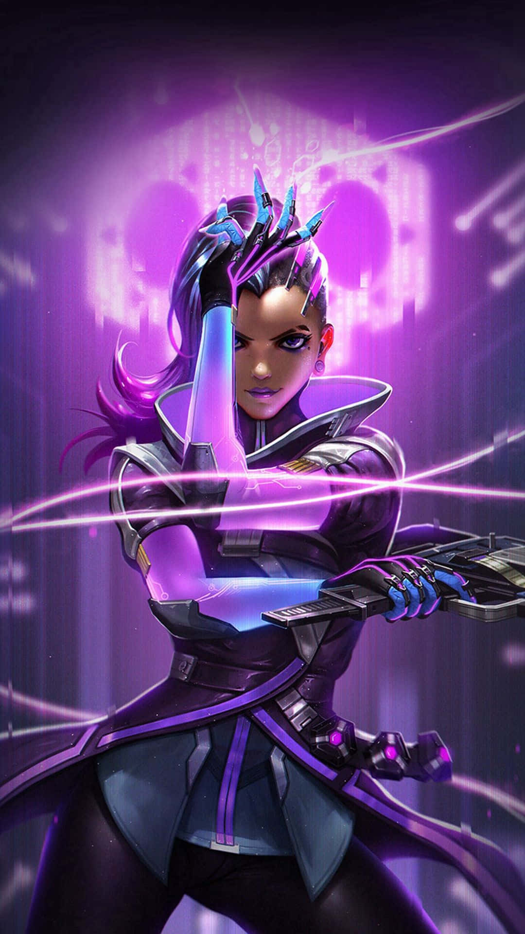 Aesthetic Overwatch 桌布 壁紙 — 一位擁有發光紫色頭髮和未來盔甲的賽博龐克戰士，在霓虹浸染的數位背景中揮舞能量刀片。