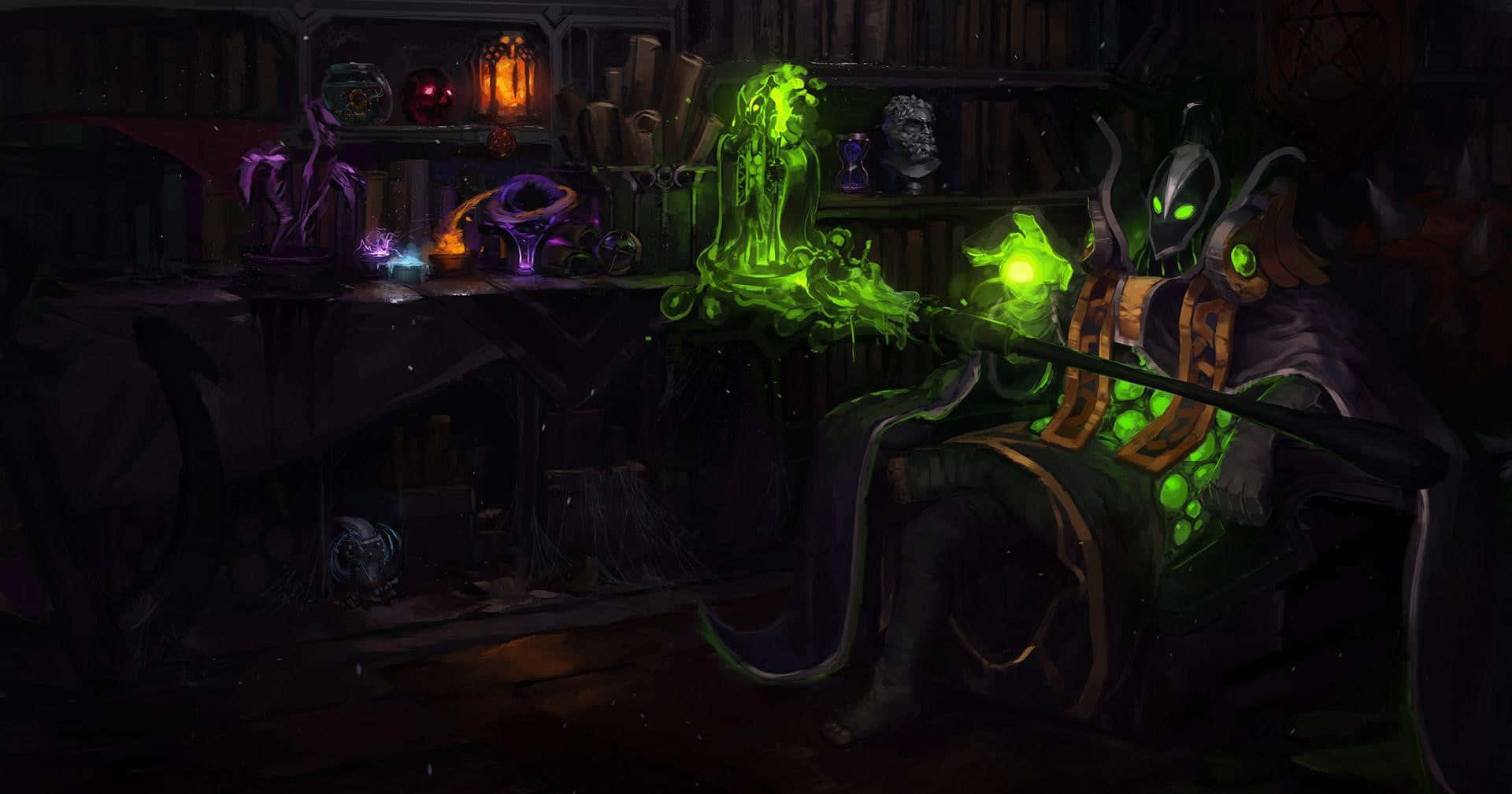 Rubick 桌布 壁紙 — 一位擁有發光綠色眼睛和法杖的黑暗奇幻巫師，坐在一個雜亂、神秘的實驗室中，裡面充滿了發光的藥水和奧術神器。
