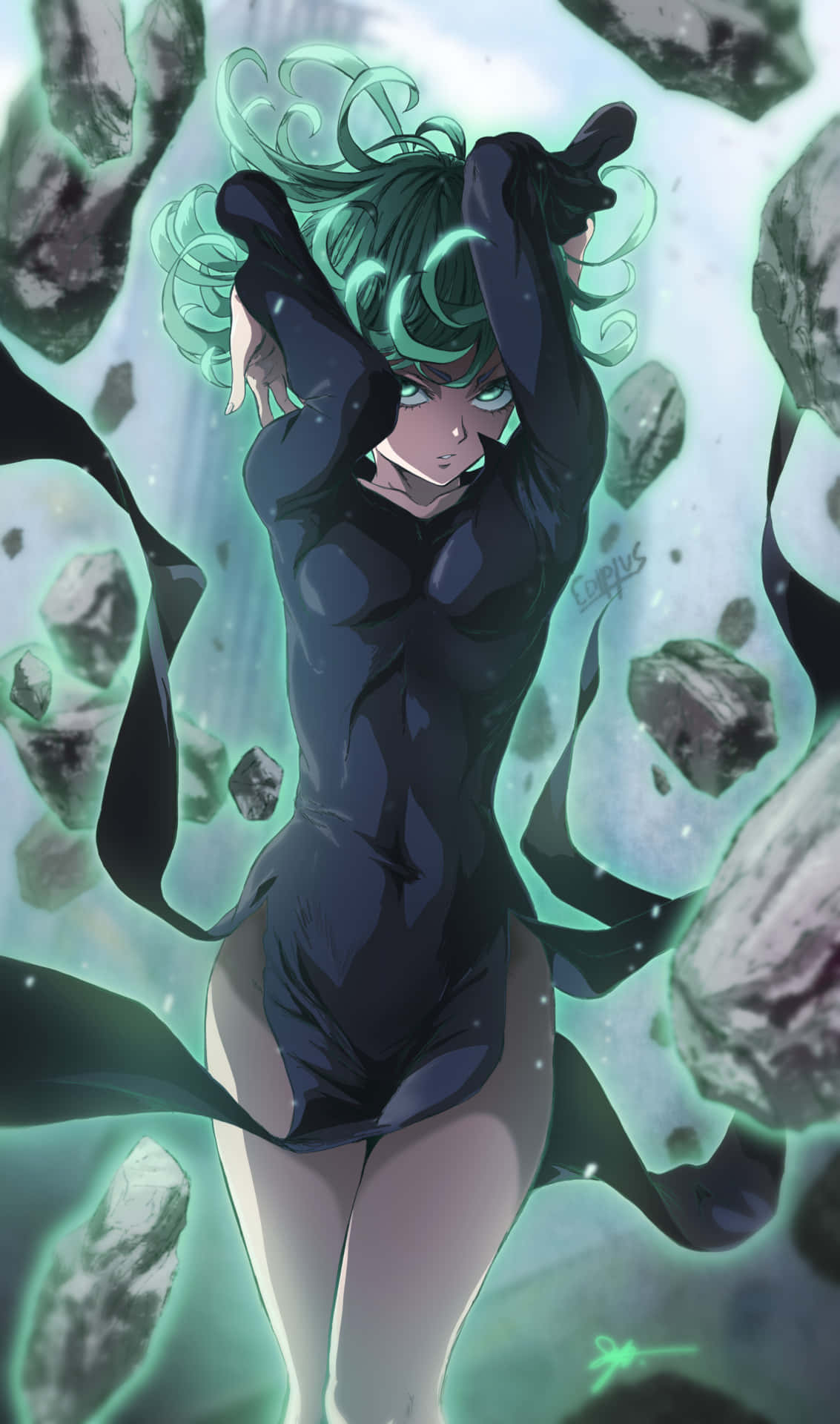 Tatsumaki 桌布 壁紙 — 一位擁有發光綠色頭髮和眼睛的動漫女孩，站在神秘藍綠色和灰色環境中的浮石之間。