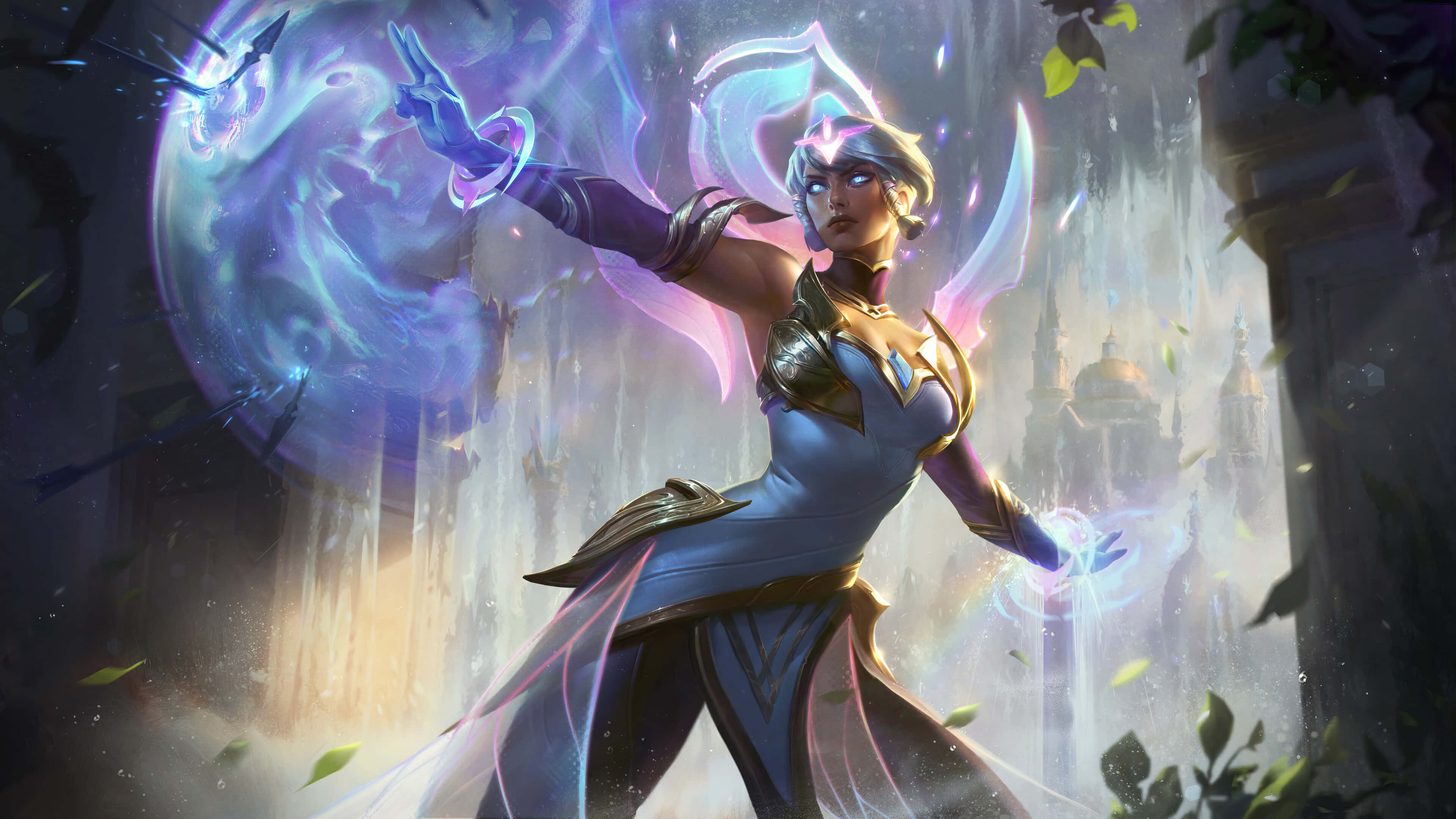 League Of Legends Champions 桌布 壁紙 — 一位擁有發光翅膀的奇幻戰士，在崩塌的廢墟中將神秘能量匯聚成一個發光的球體。
