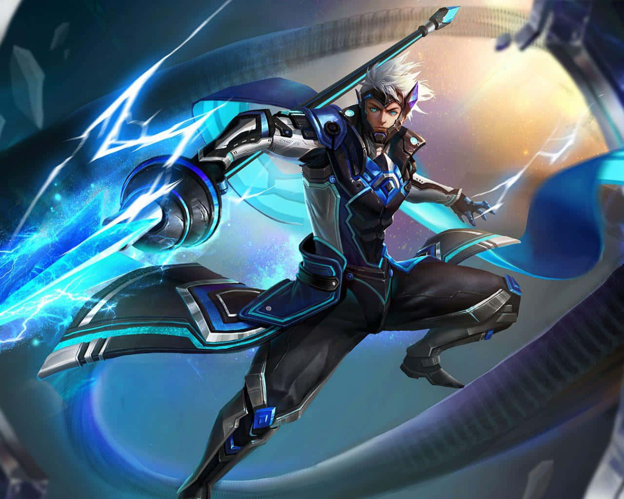 Mobile Legend 桌布 壁紙 — 一位擁有白髮和藍色能量武器的未來戰士，在宇宙背景下動態跳躍。