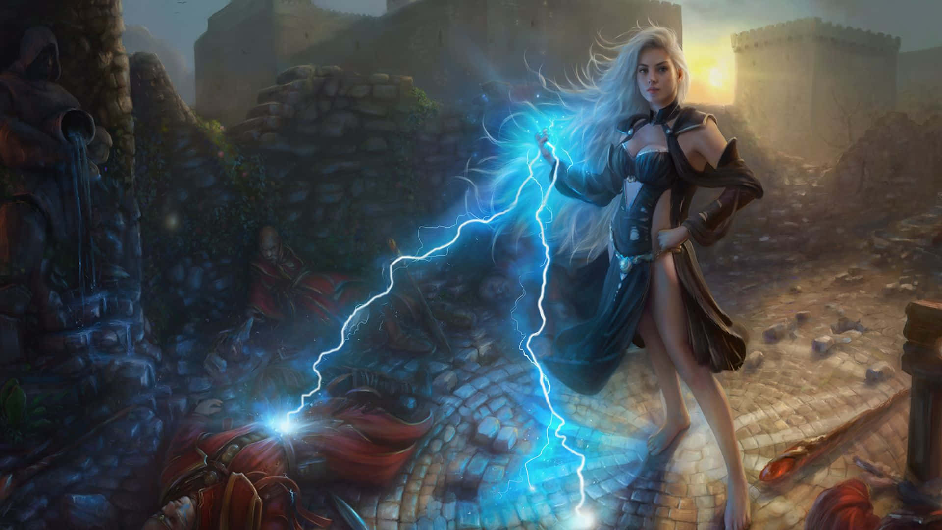 Skyrim Mage 桌布 壁紙 — 一位擁有白髮的強大女法師在日落時分的廢棄石庭院中引導藍色閃電。