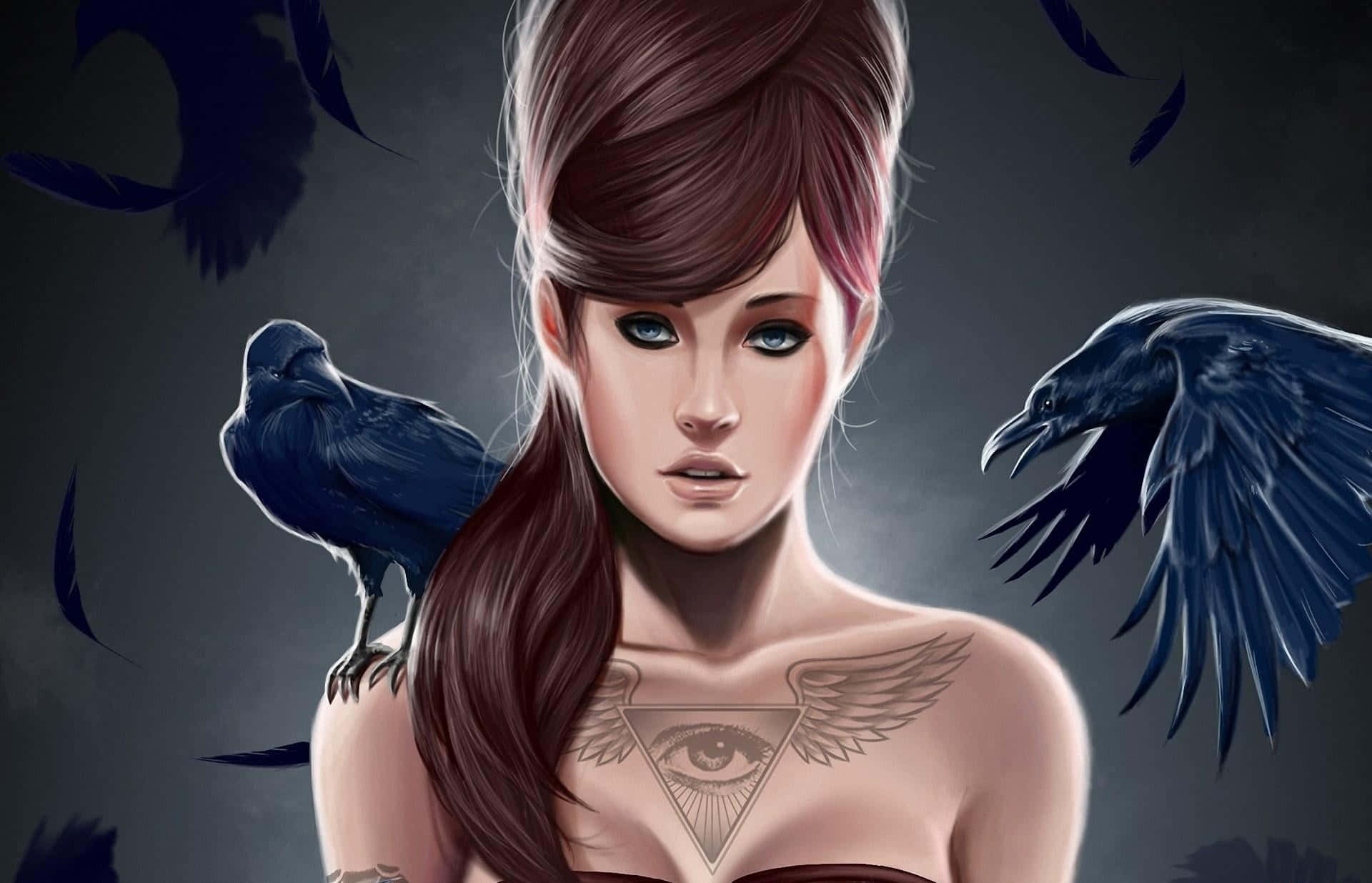 Halloween Tattoos 桌布 壁紙 — 一位擁有神秘眼睛紋身的女性，在黑暗氛圍的環境中，烏鴉棲息在她周圍。