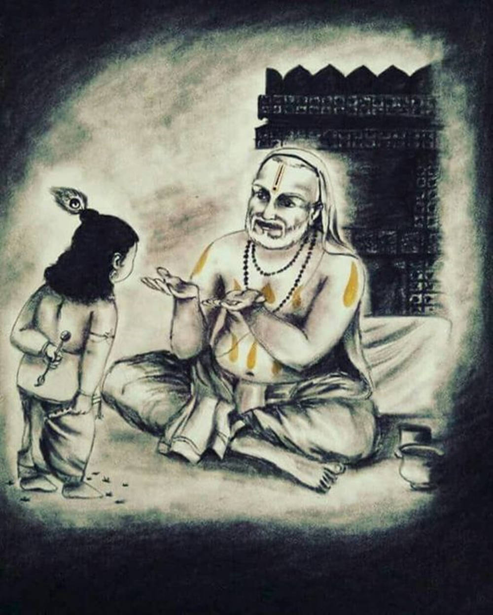 黑白 桌布 壁紙 — 一位擁有第三隻眼的智慧導師在光線昏暗、擁有古老建築的房間裡教導年輕弟子。