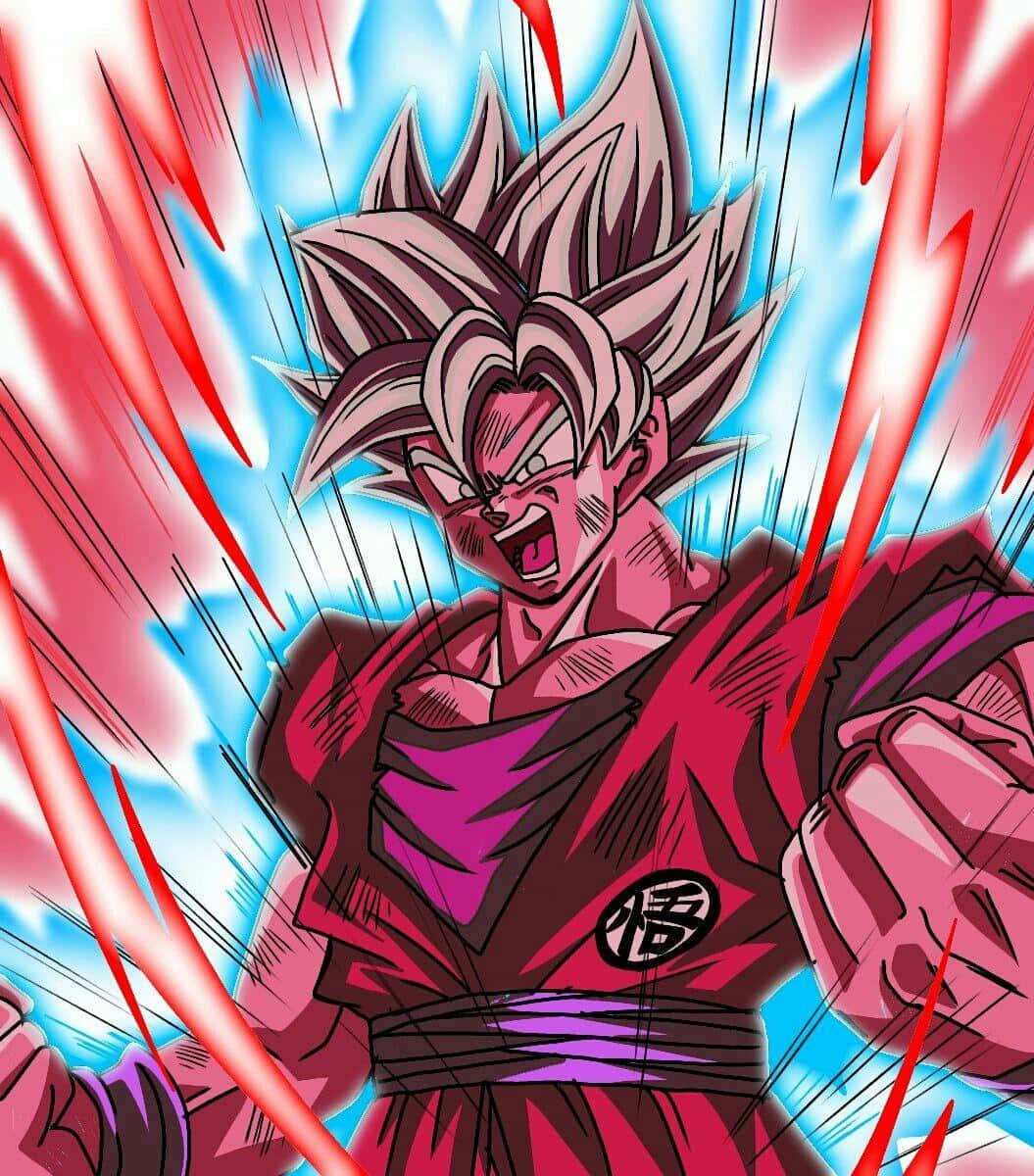 Goku Kaioken 桌布 壁紙 — 一位擁有粉紅色尖刺頭髮的強大動漫戰士，在紅色和藍色能量的爆發中咆哮。