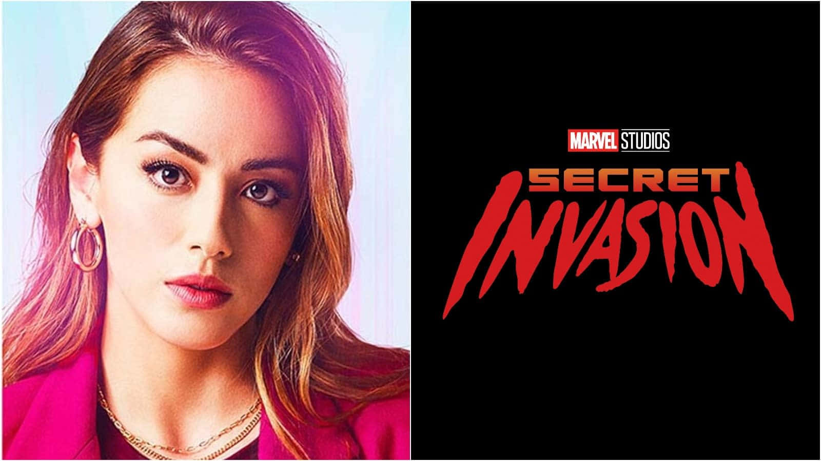 Secret Invasion 桌布 壁紙 — 一位擁有粉紅色頭髮和醒目化妝的女性，在黑色背景旁帶有紅色「Secret Invasion」文字，凝視著強烈的目光。
