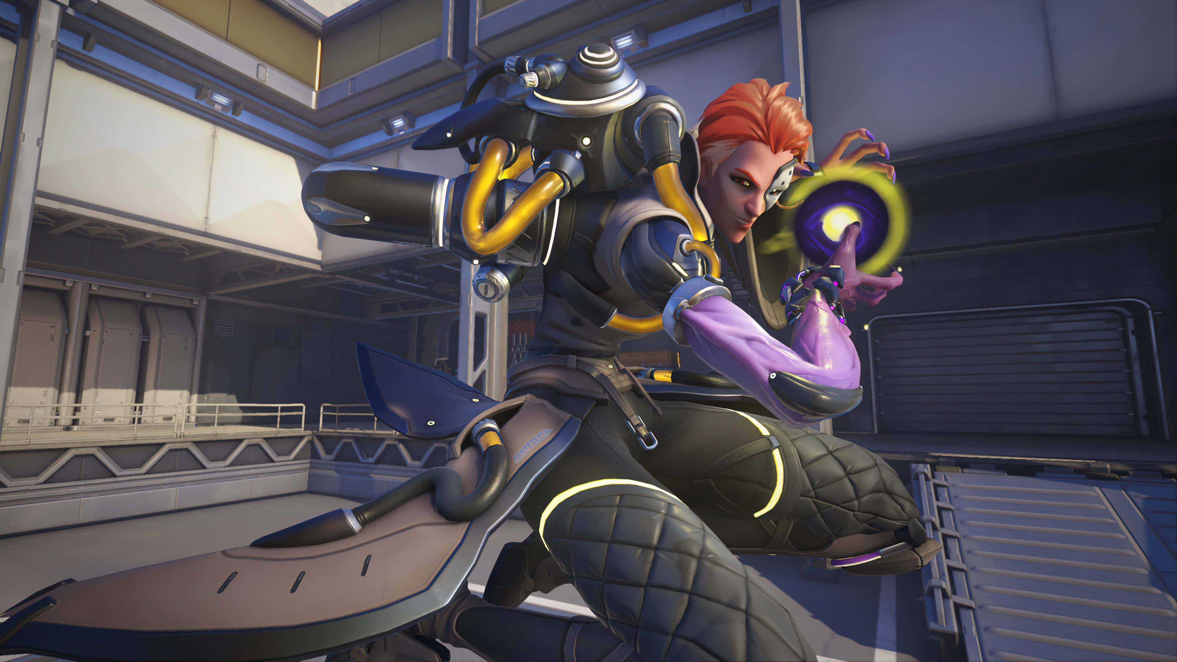 Overwatch Heroes 桌布 壁紙 — 一位擁有紅髮和機械義肢的未來戰士，正在高科技工業環境中引導發光能量。