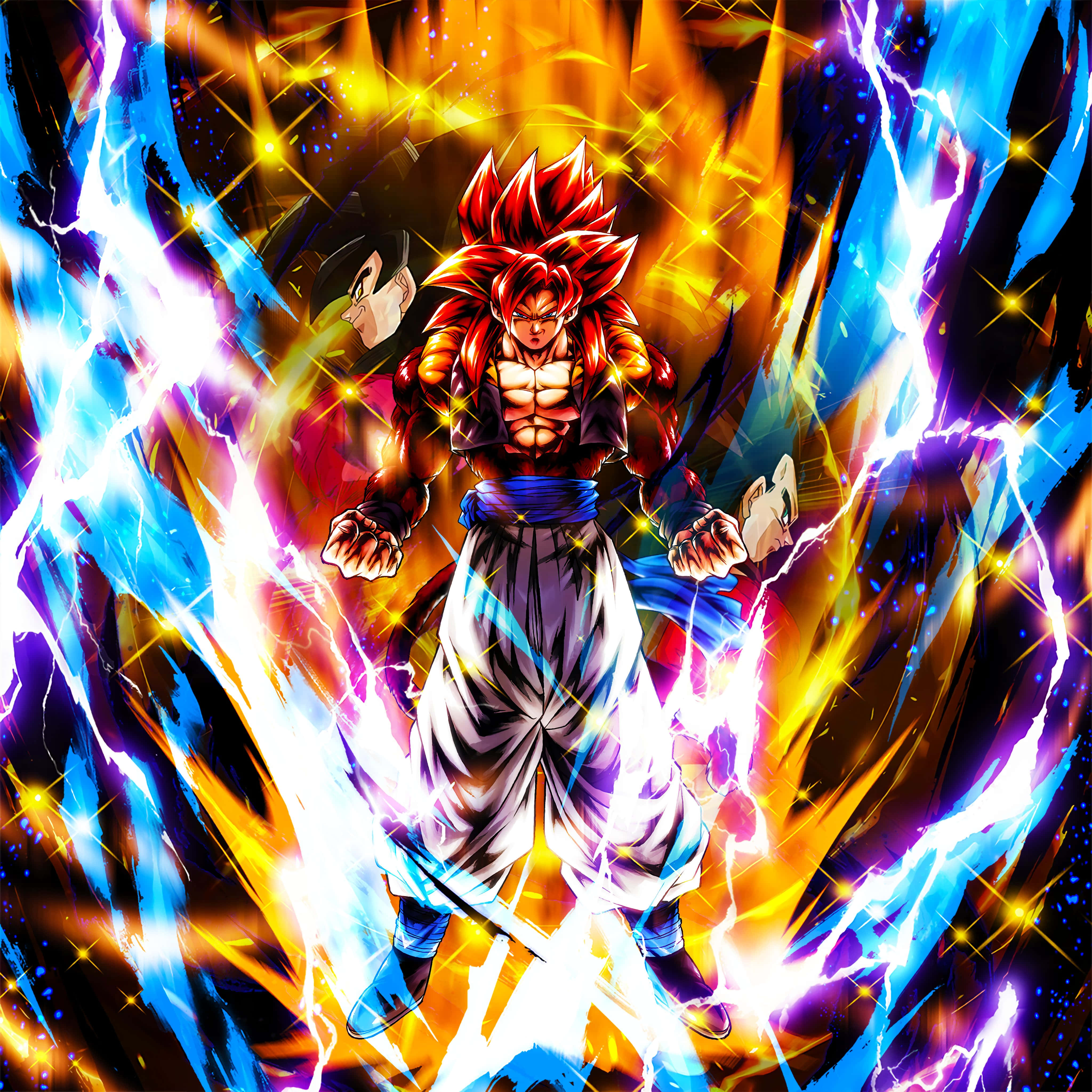 Super Saiyan 4 桌布 壁紙 — 一位擁有紅髮和發光光環的強大動漫戰士，站在爆炸性的藍色和黃色能量閃電之中。