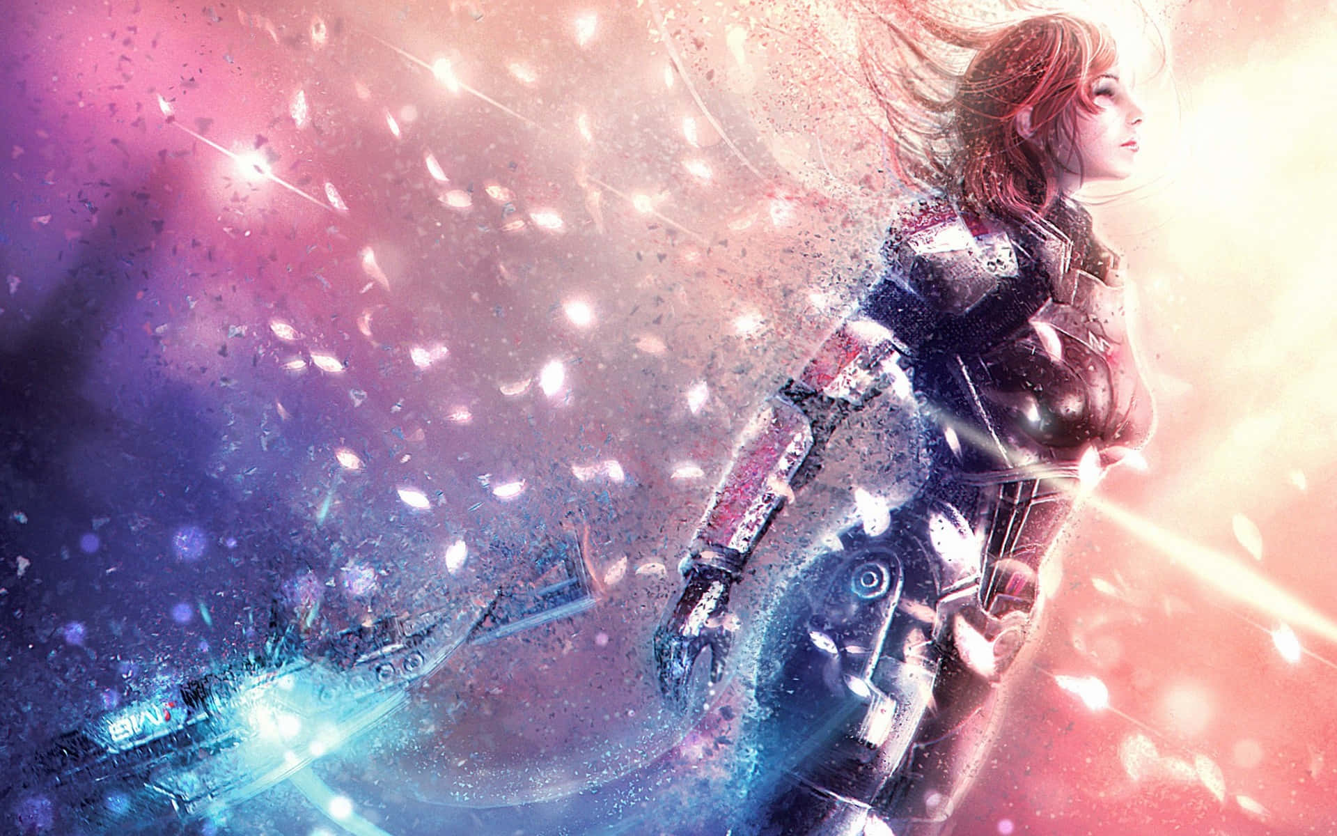 Mass Effect Femshep 桌布 壁紙 — 一位擁有紅髮和發光盔甲的未来戰士站在由粉紅色、紫色和藍色粒子與光組成的宇宙風暴中。