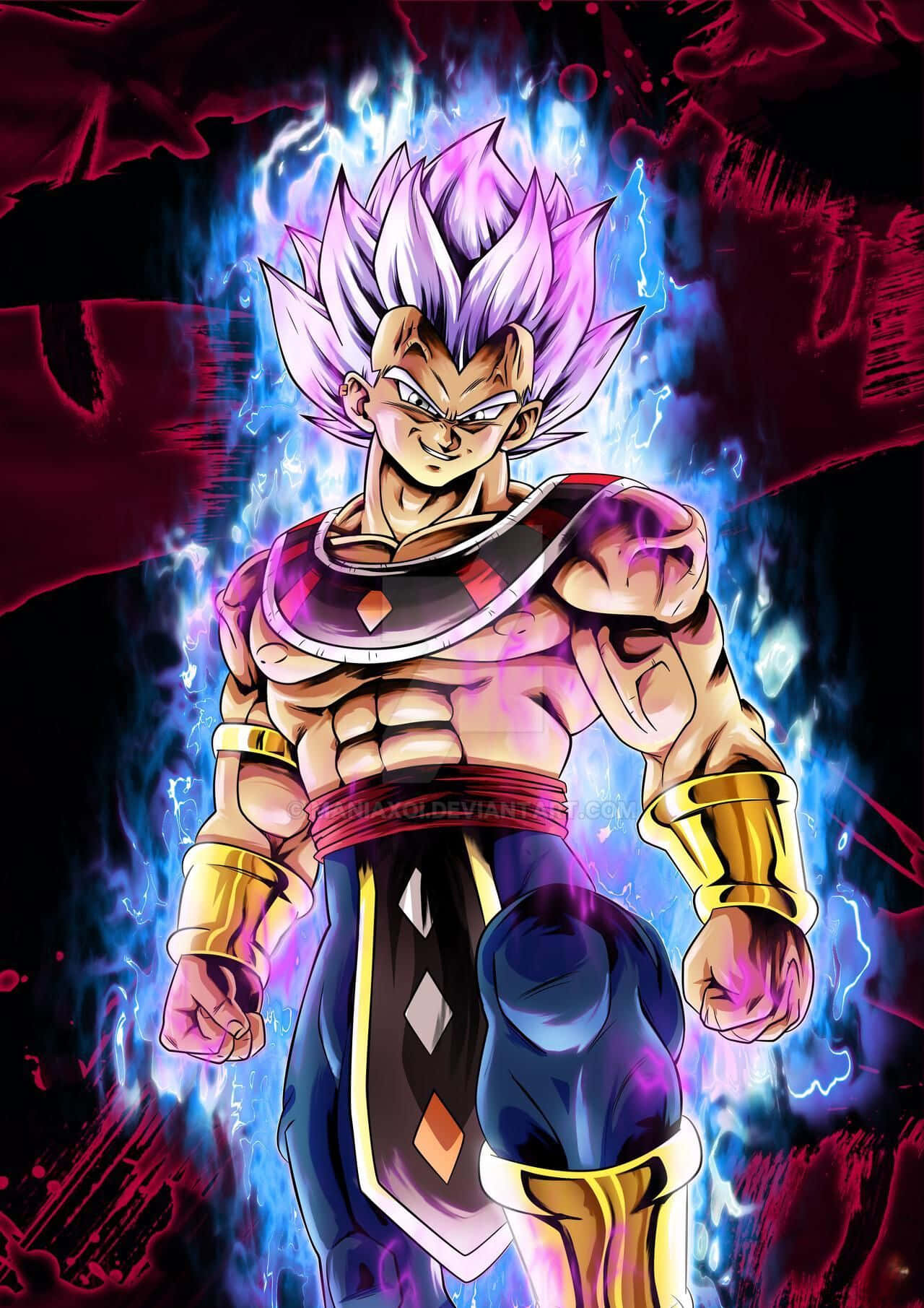 Vegeta Ultra Instinct 桌布 壁紙 — 一位擁有紫色尖刺頭髮的強大動漫戰士，在深紅色和黑色背景上散發出藍色能量。