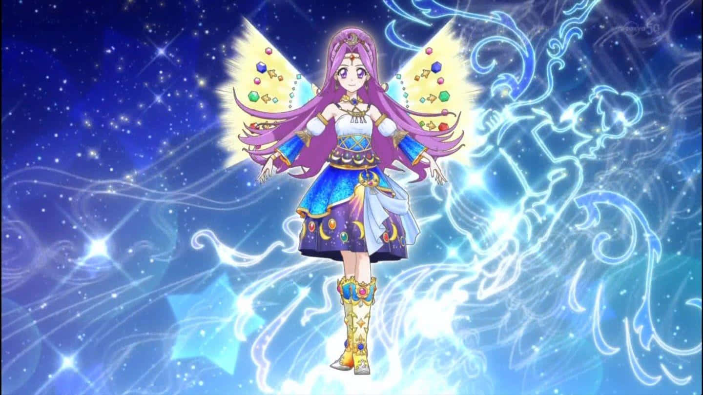 處女座 桌布 壁紙 — 一位擁有紫色頭髮和寶石翅膀的魔法動漫女孩，在閃爍的星空藍色宇宙背景下閃耀著光芒。