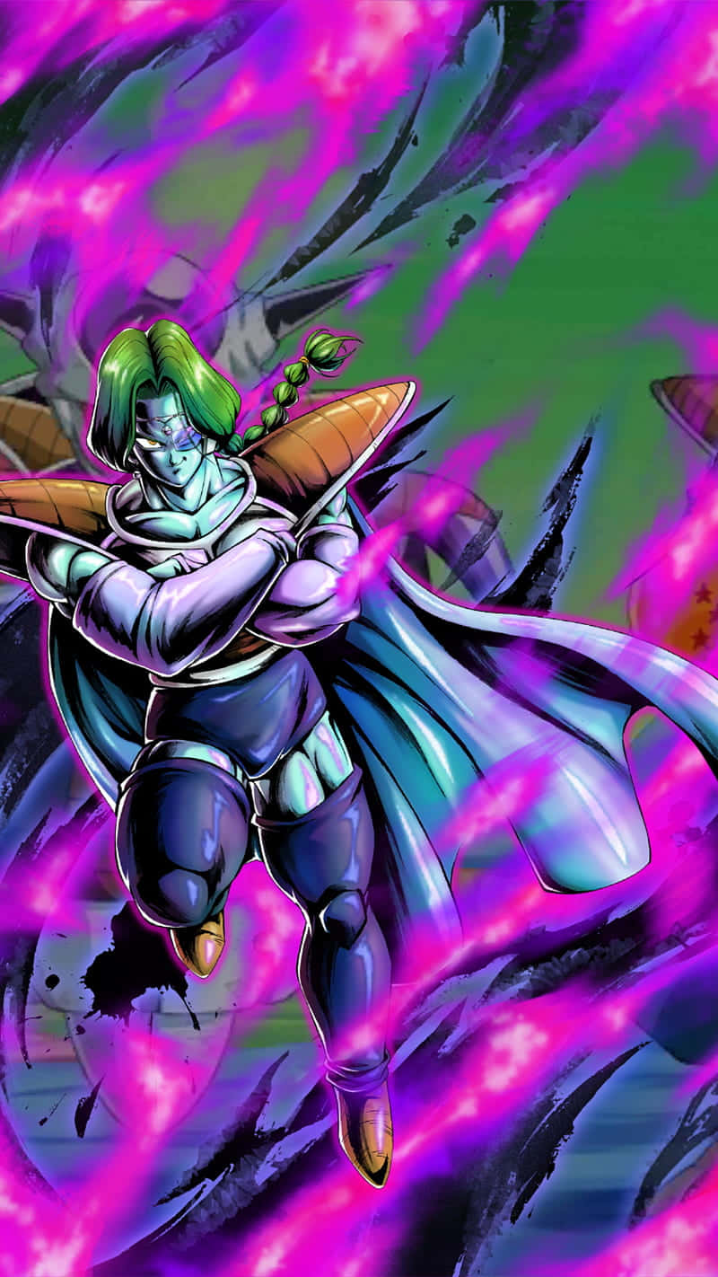 Zarbon 桌布 壁紙 — 一位擁有綠色頭髮和紫色光環的強大動漫戰士，動態地站在旋轉的宇宙背景前。