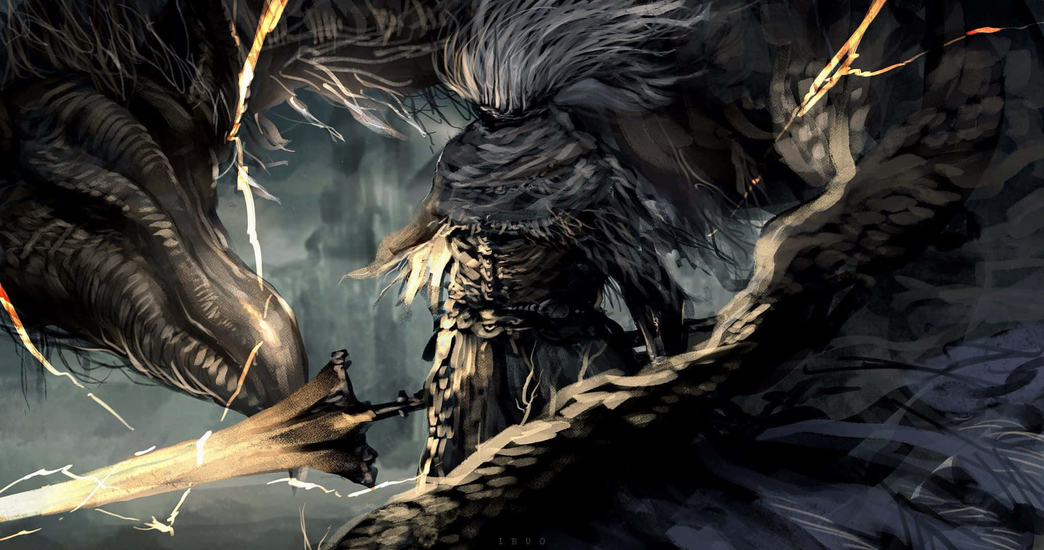 Nameless King 桌布 壁紙 — 一位擁有羽毛翅膀和劍的戰士在黑暗暴風雨的天空中與一條巨龍交鋒。