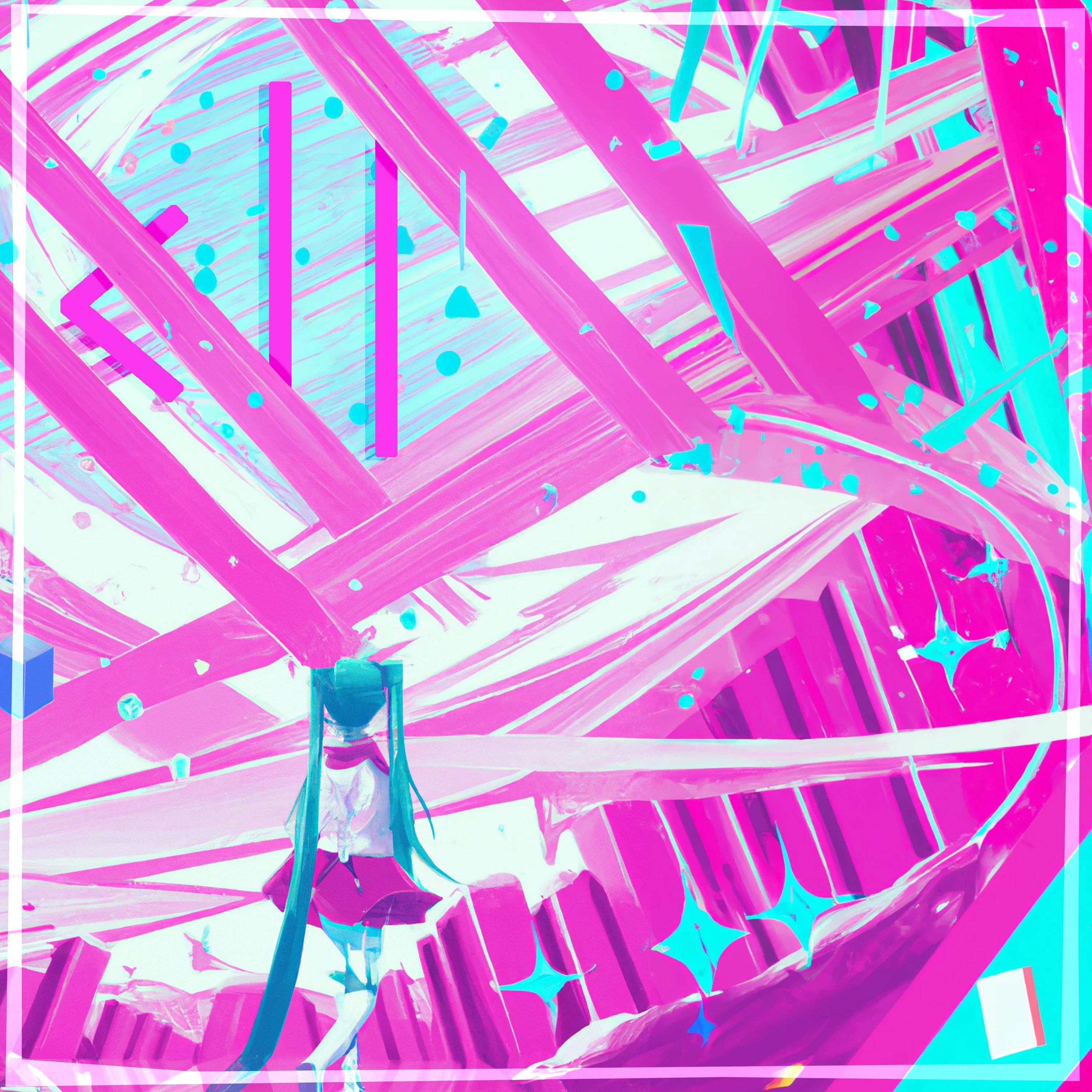 初音未來 桌布 壁紙 — 一位擁有藍綠色頭髮的動漫女孩站在充滿活力的粉紅色和青色抽象數位隧道中，周圍有發光的幾何形狀。