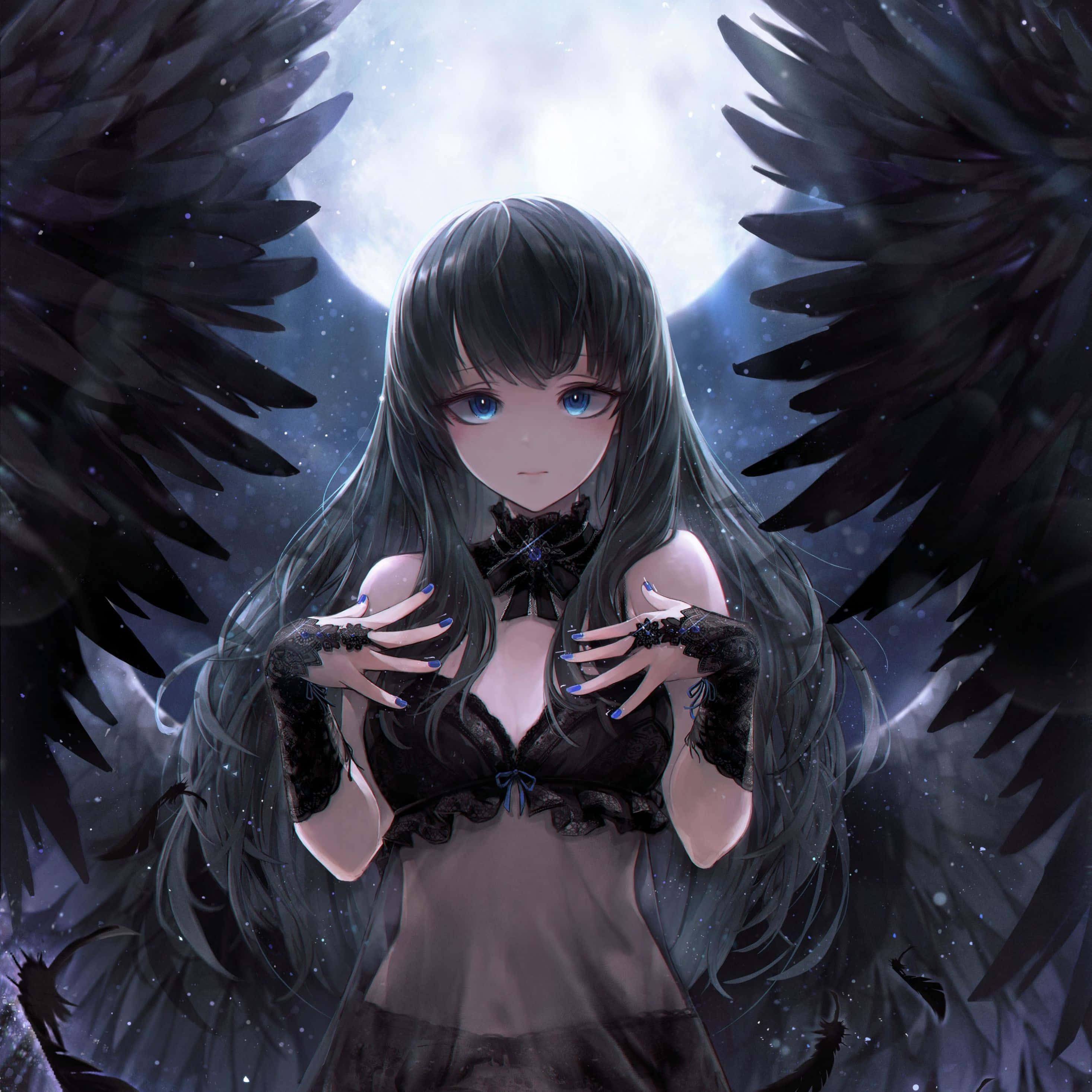 angels 桌布 壁紙 — 一位擁有藍色眼睛和黑色蕾絲服飾的暗翼動漫女孩，站在繁星夜空下發光的月亮前。